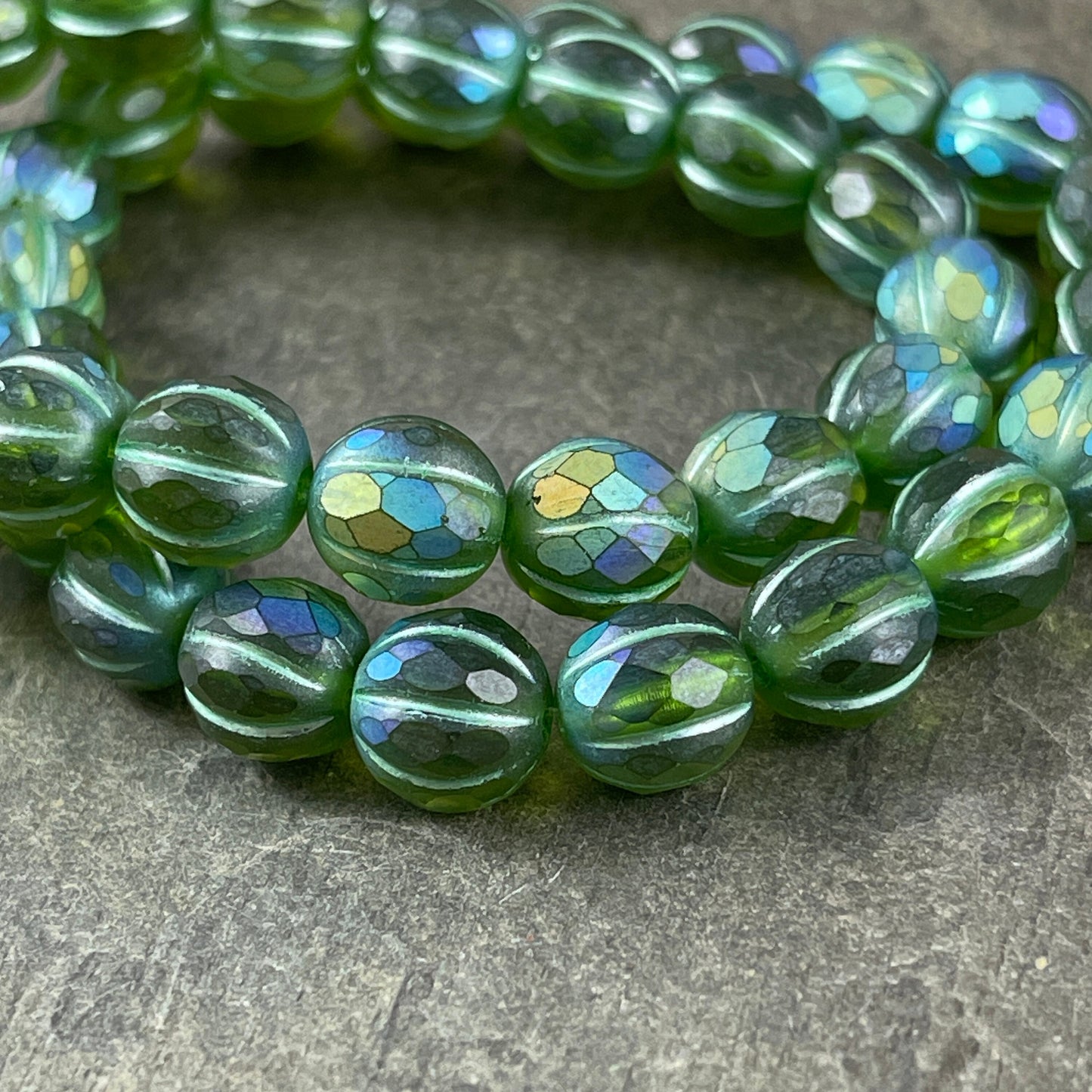 Matte Peridot with AB and Metallic Green Wash 8mm Faceted Melon Shape Beads Green Czech Glass Beads (8FM/N-1763) * Qty. 10