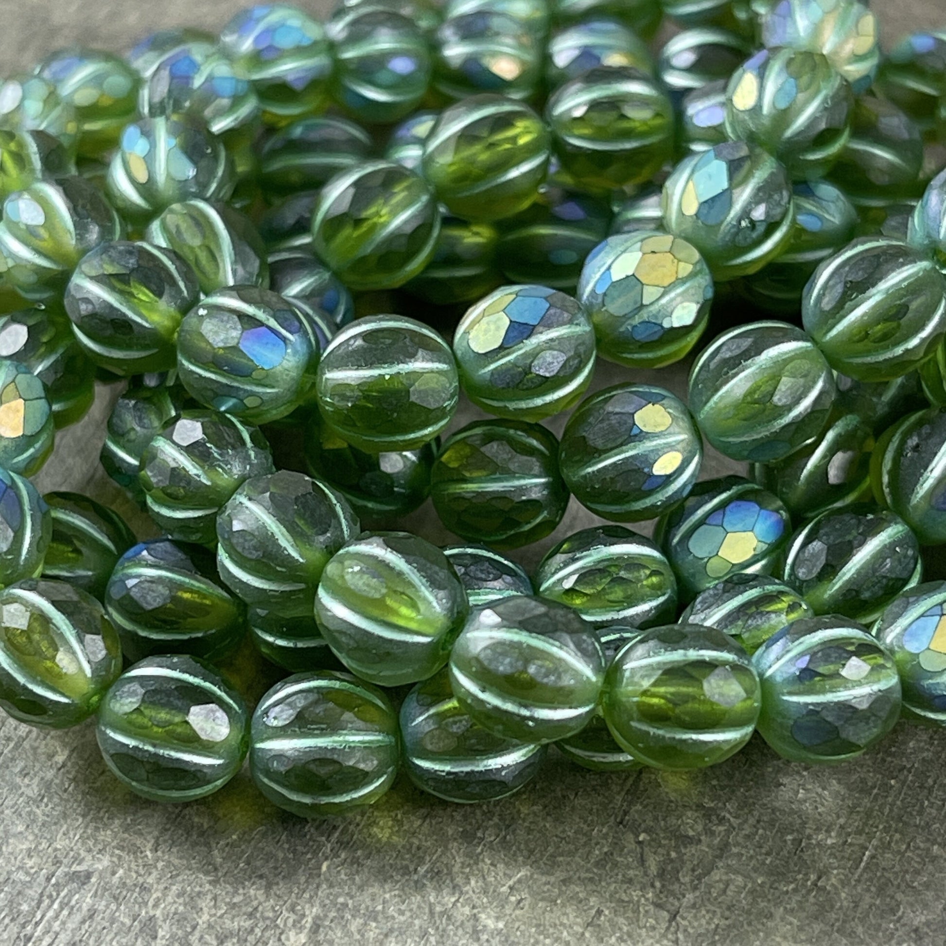 Matte Peridot with AB and Metallic Green Wash 8mm Faceted Melon Shape Beads Green Czech Glass Beads (8FM/N-1763) * Qty. 10