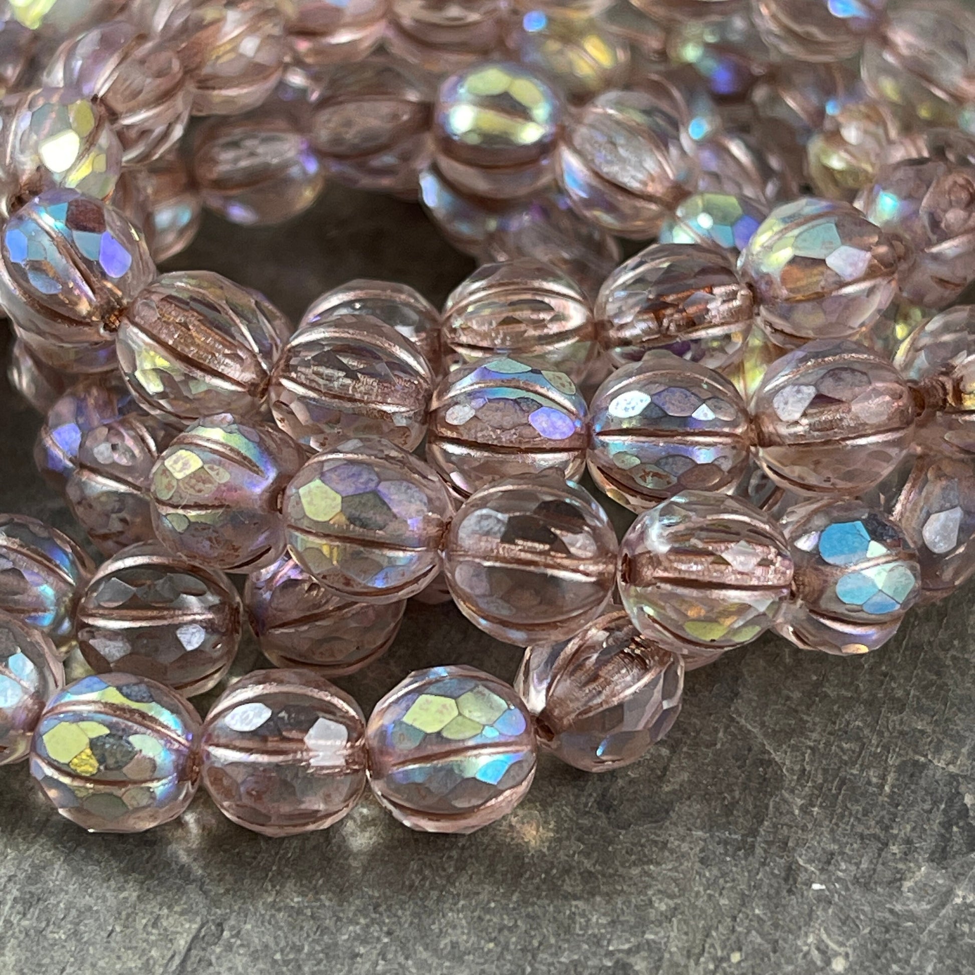 Transparent AB with Metallic Beige Wash 8mm Faceted Melon Shape Beads Czech Glass Beads Transparent Picasso Bead (8FM/N-1752) * Qty. 10