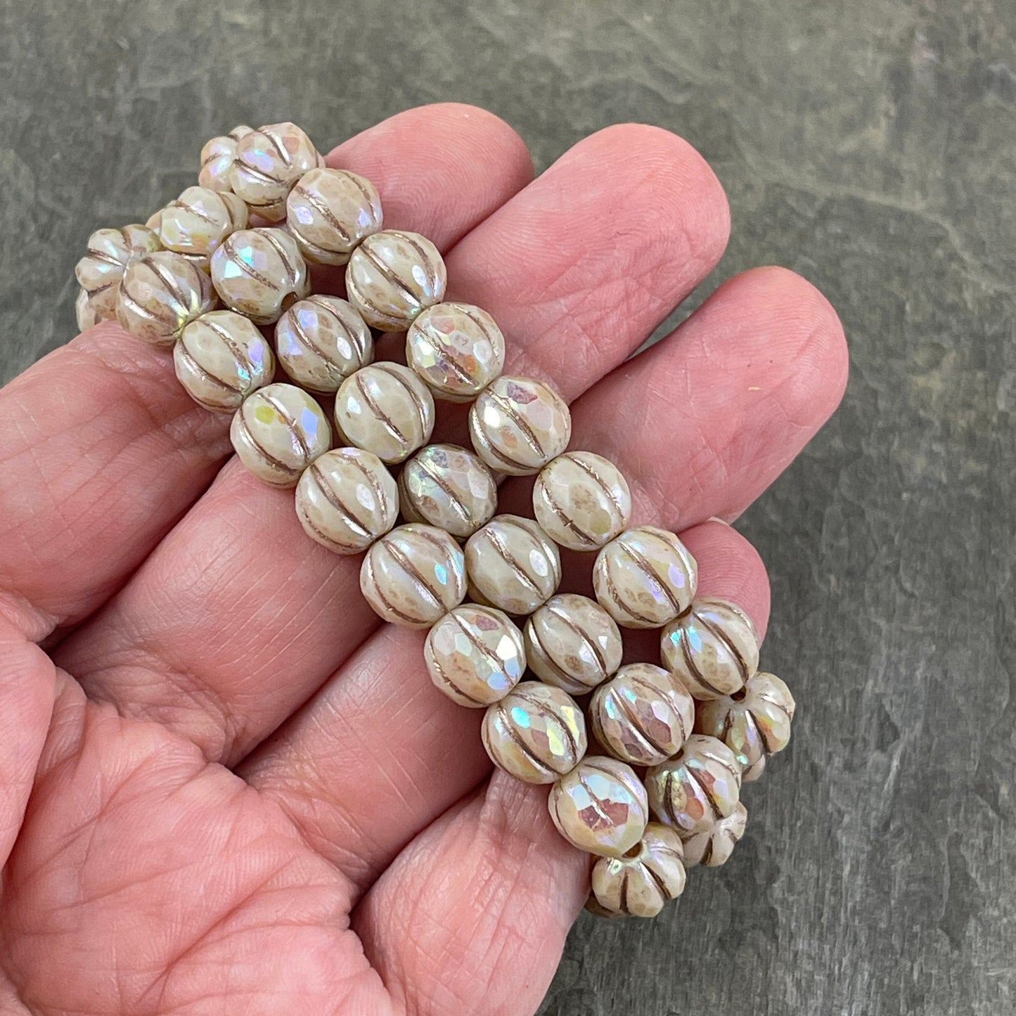 8mm Beige Faceted Melon Shape Bead with AB Finish ~ Czech Glass Beads ~ Beige with AB and Metallic Beige Wash (8FM/N-1779) * Qty. 10