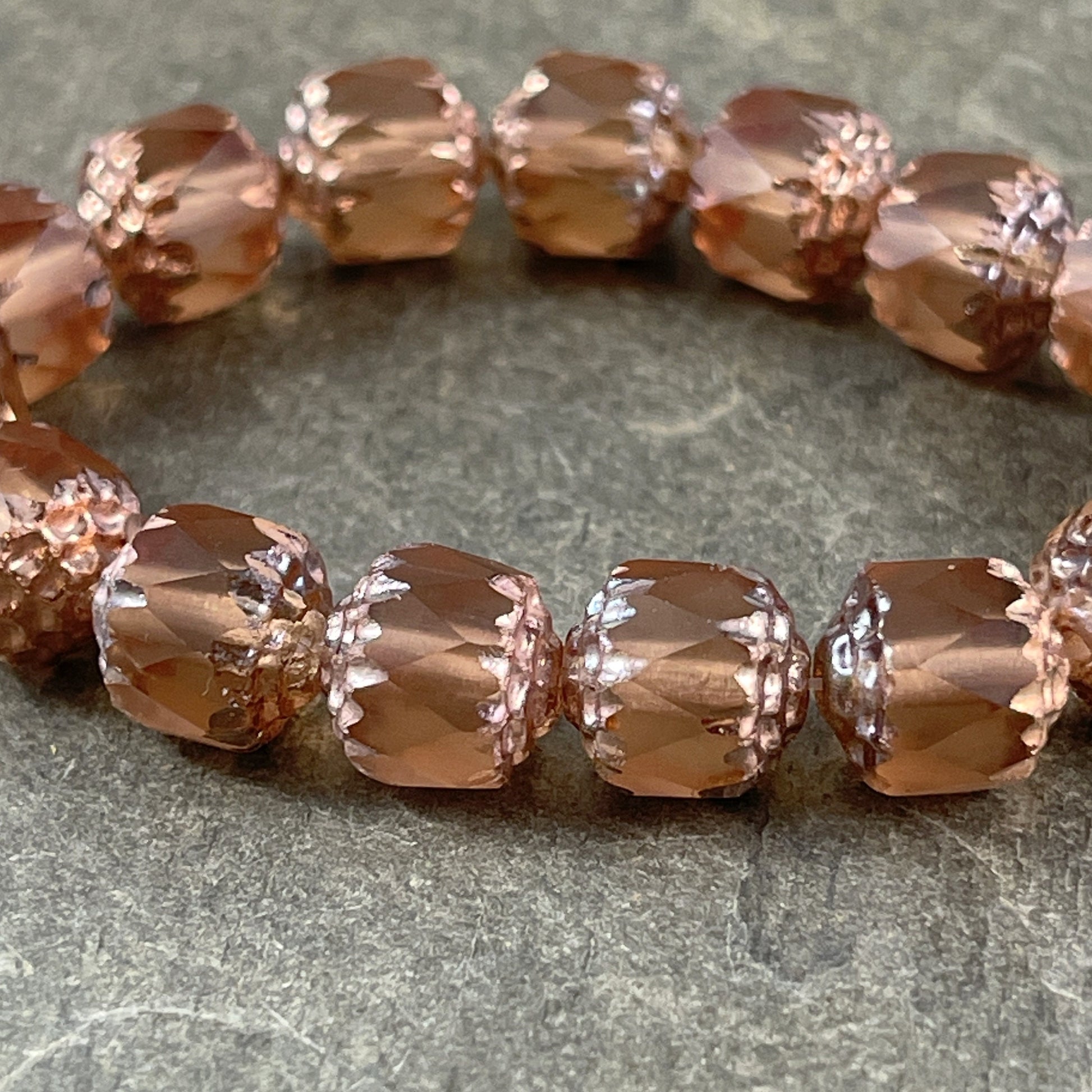 Matte Peach Faceted Glass Beads ~ 8mm Faceted Cathedral Shape Beads ~ Czech Glass Beads ~ Matte Peach with Copper (CT8/N-029) * Qty. 10