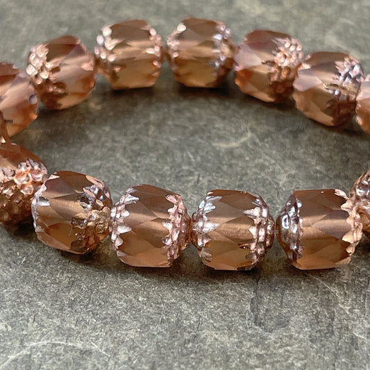 Matte Peach Faceted Glass Beads ~ 8mm Faceted Cathedral Shape Beads ~ Czech Glass Beads ~ Matte Peach with Copper (CT8/N-029) * Qty. 10