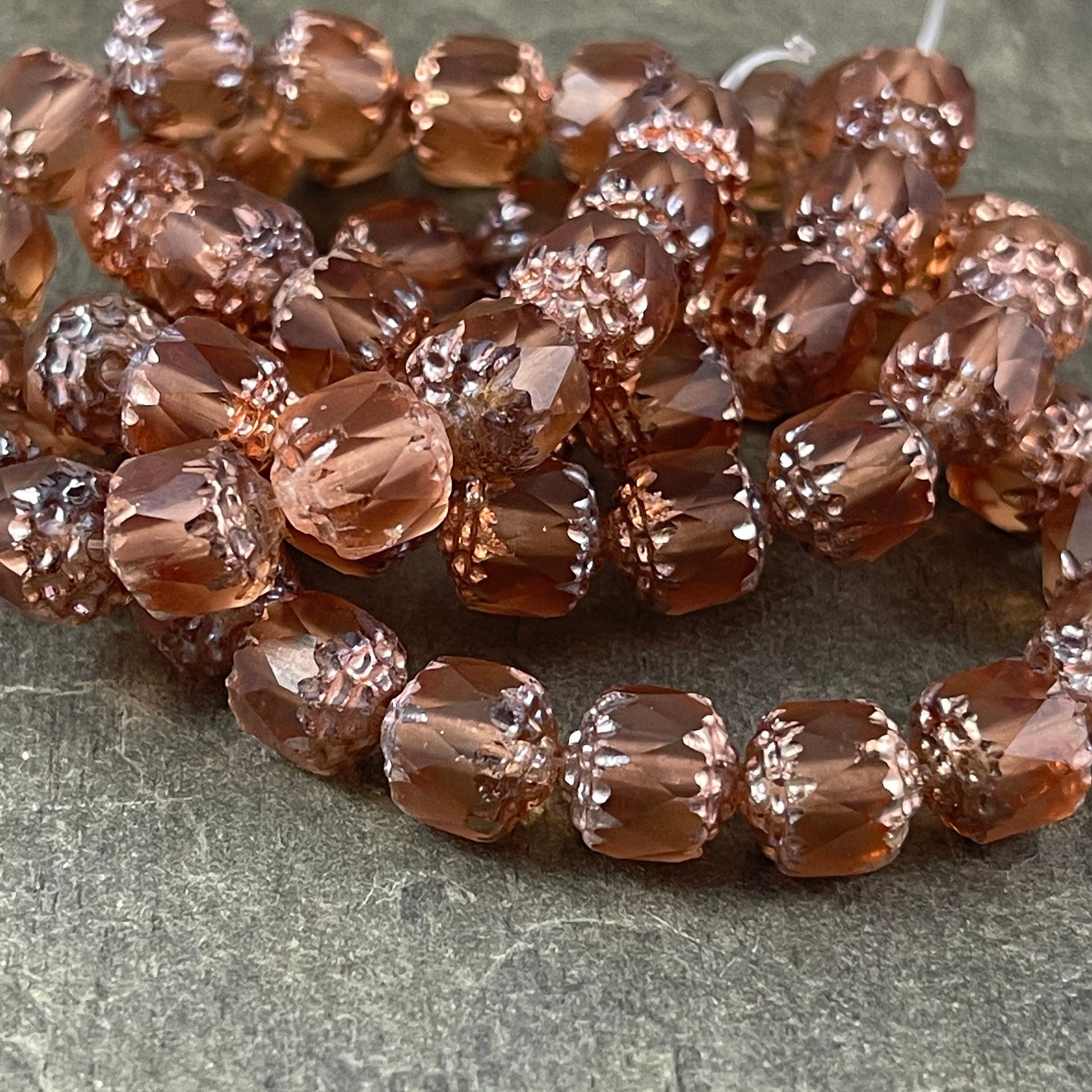 Matte Peach Faceted Glass Beads ~ 8mm Faceted Cathedral Shape Beads ~ Czech Glass Beads ~ Matte Peach with Copper (CT8/N-029) * Qty. 10