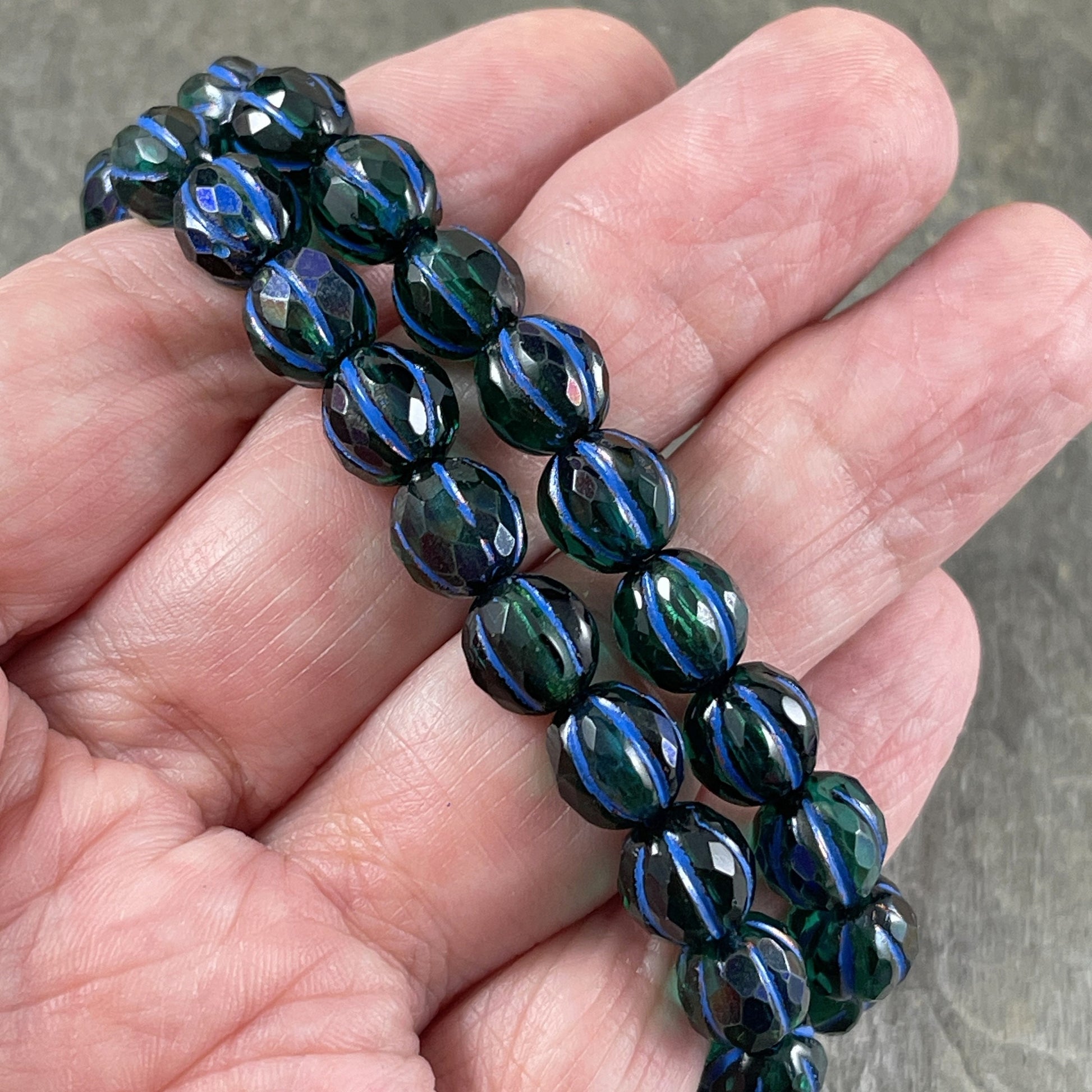 8mm Faceted Blue Green Faceted Melon Shape Beads ~ Czech Glass Beads ~ Emerald and Cobalt with Blue Wash (8FM/N-1781) * Qty. 10