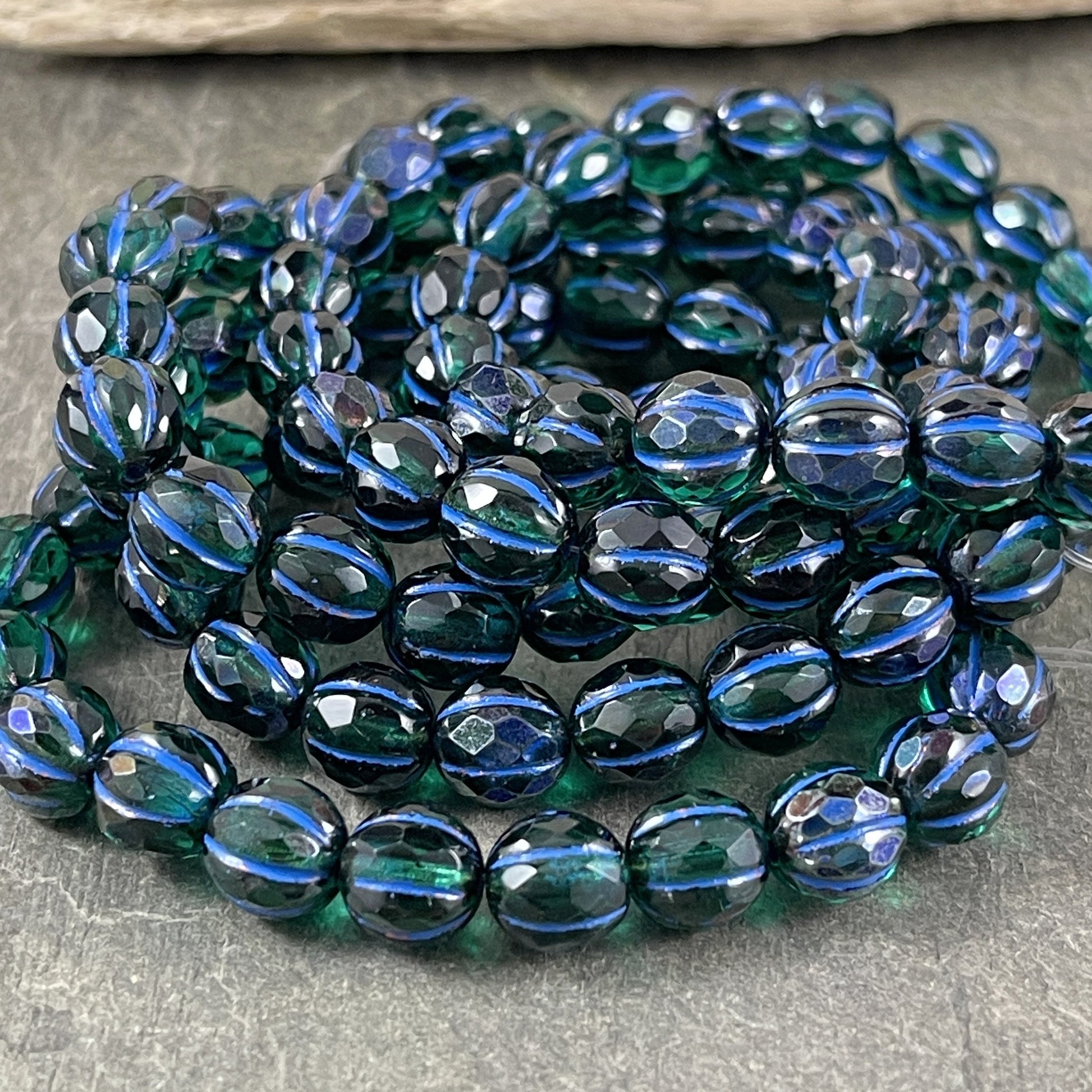 8mm Faceted Blue Green Faceted Melon Shape Beads ~ Czech Glass Beads ~ Emerald and Cobalt with Blue Wash (8FM/N-1781) * Qty. 10