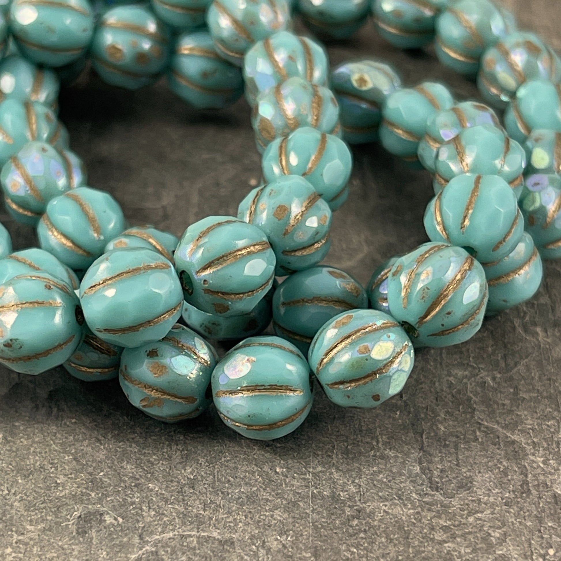 Turquoise Picasso Beads 8mm Faceted Melon Shape Beads Czech Glass Beads Turquoise with AB and Gold Wash (8FM/N-1288) * Qty. 10