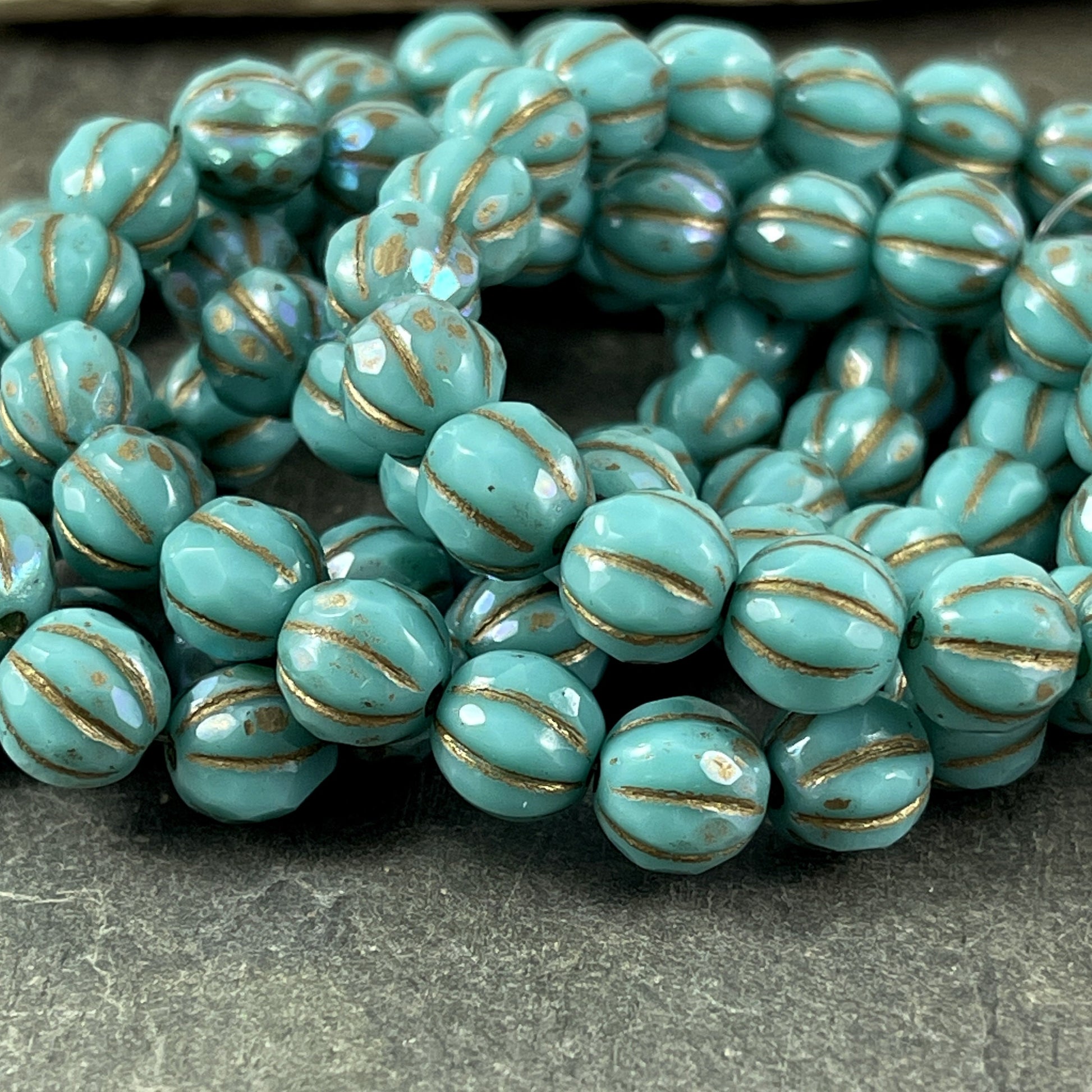 Turquoise Picasso Beads 8mm Faceted Melon Shape Beads Czech Glass Beads Turquoise with AB and Gold Wash (8FM/N-1288) * Qty. 10