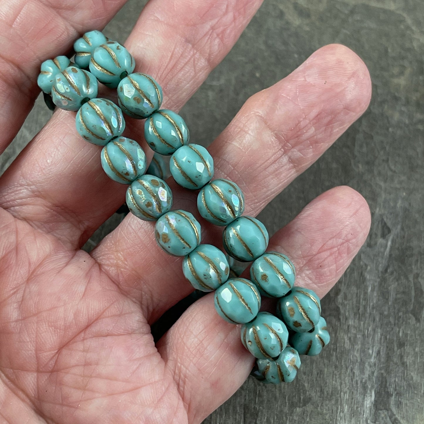 Turquoise Picasso Beads 8mm Faceted Melon Shape Beads Czech Glass Beads Turquoise with AB and Gold Wash (8FM/N-1288) * Qty. 10