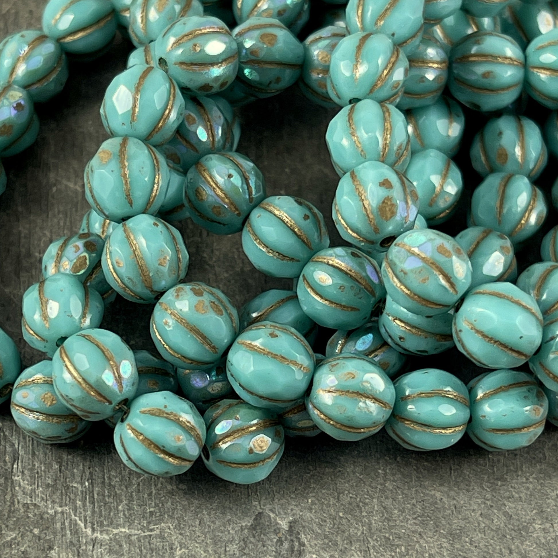 Turquoise Picasso Beads 8mm Faceted Melon Shape Beads Czech Glass Beads Turquoise with AB and Gold Wash (8FM/N-1288) * Qty. 10