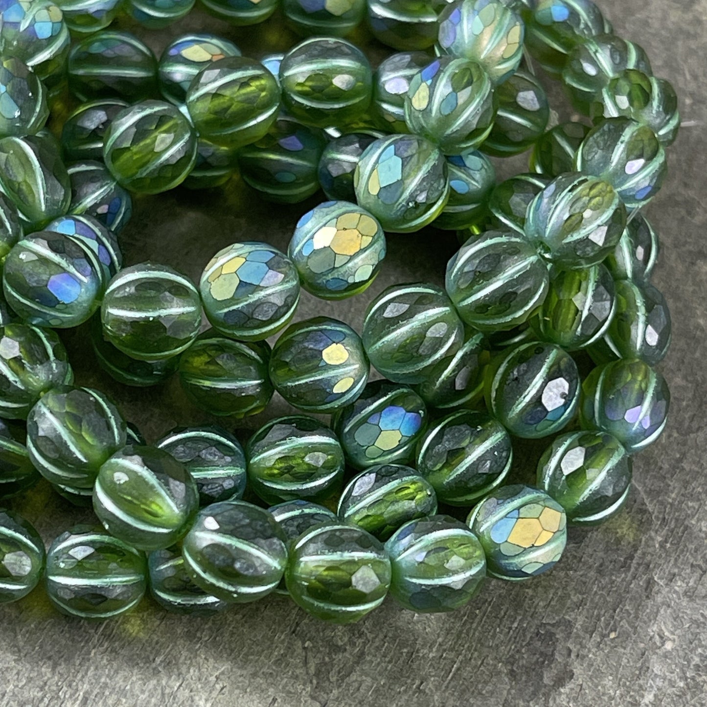 Matte Peridot with AB and Metallic Green Wash 8mm Faceted Melon Shape Beads Green Czech Glass Beads (8FM/N-1763) * Qty. 10