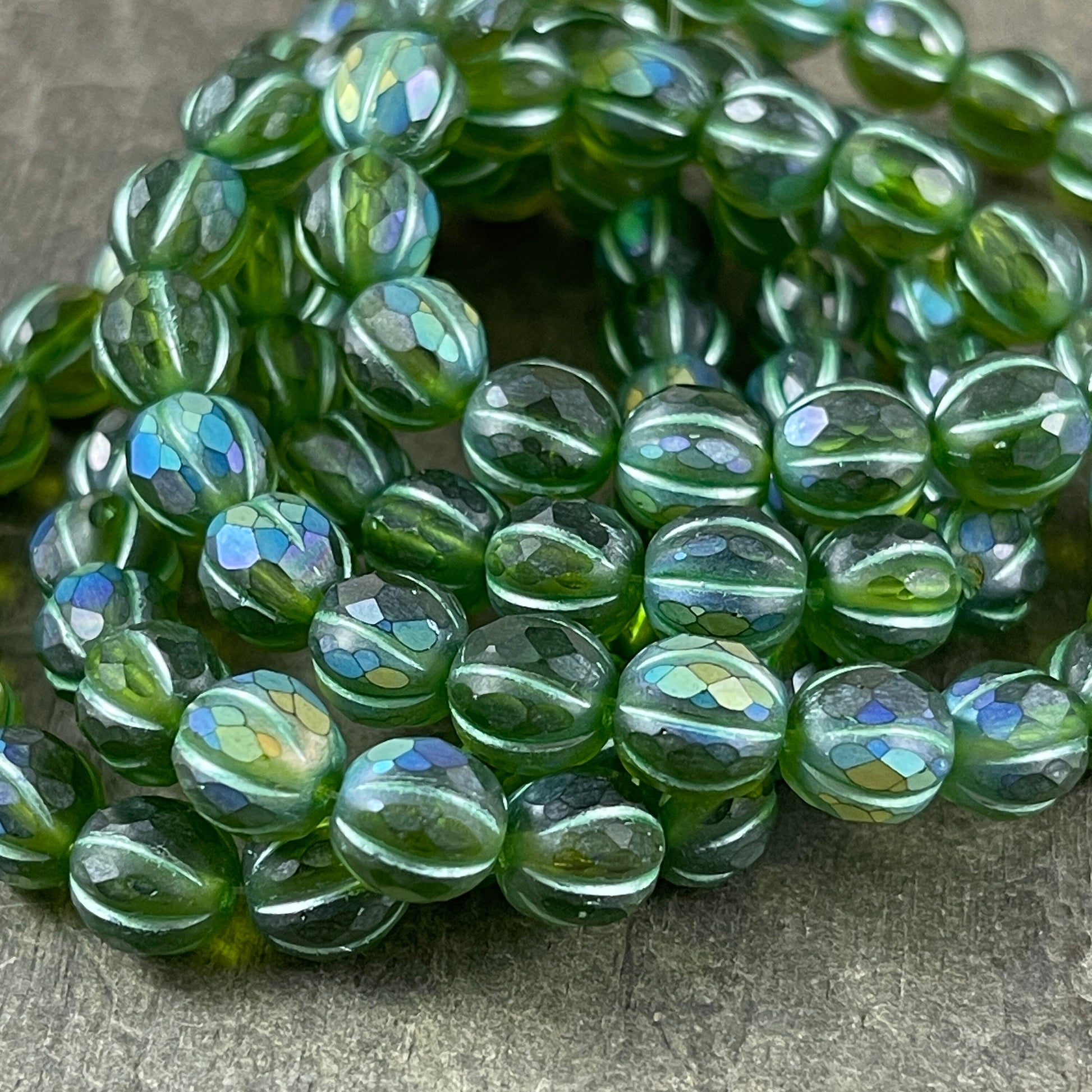 Matte Peridot with AB and Metallic Green Wash 8mm Faceted Melon Shape Beads Green Czech Glass Beads (8FM/N-1763) * Qty. 10