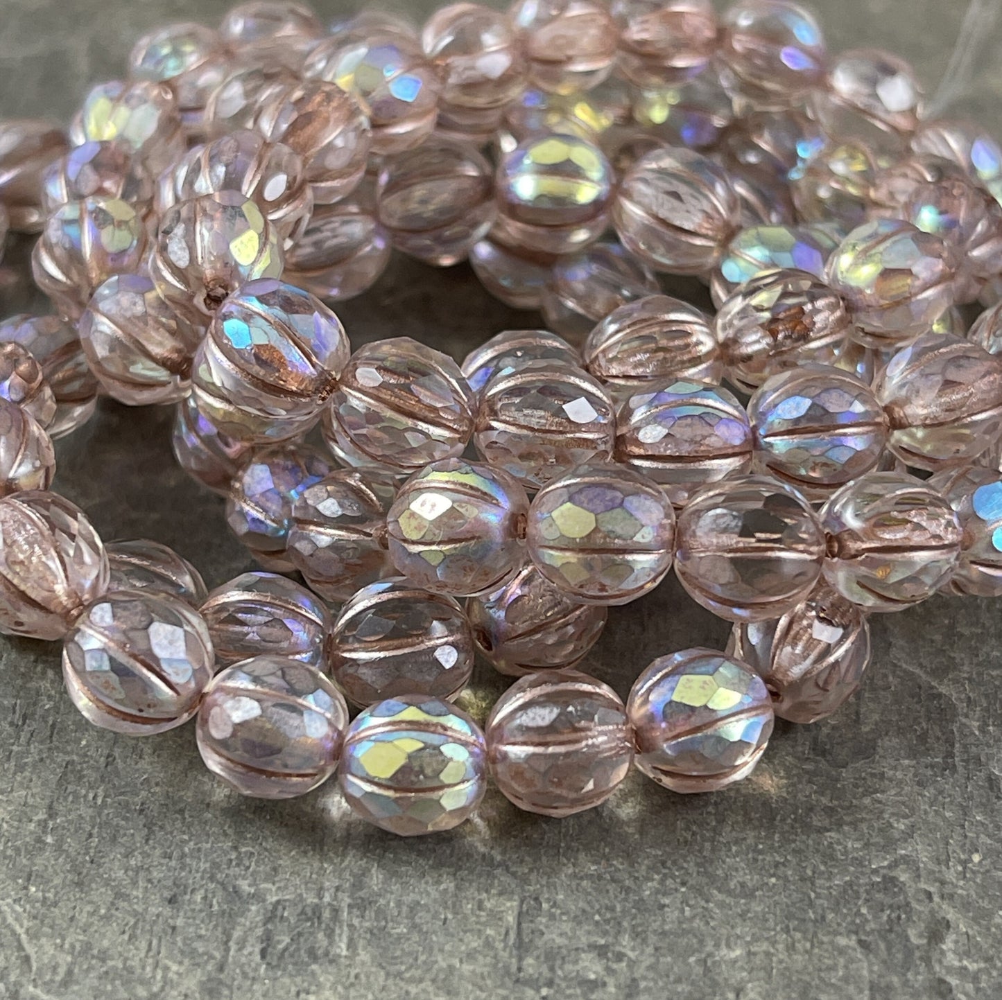 Transparent AB with Metallic Beige Wash 8mm Faceted Melon Shape Beads Czech Glass Beads Transparent Picasso Bead (8FM/N-1752) * Qty. 10