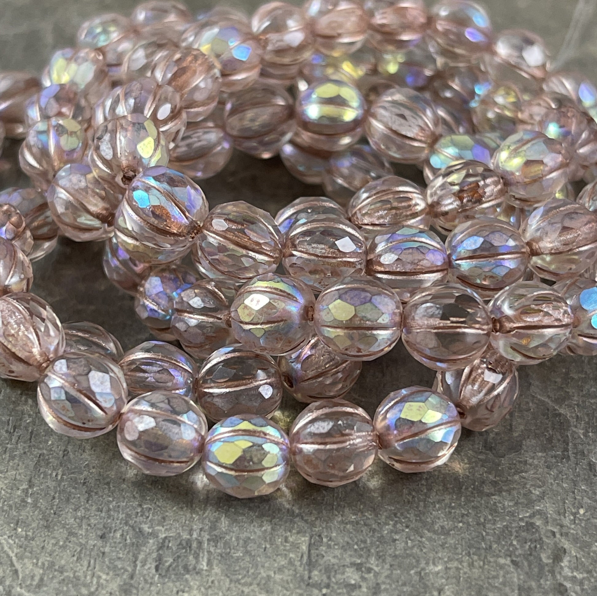 Transparent AB with Metallic Beige Wash 8mm Faceted Melon Shape Beads Czech Glass Beads Transparent Picasso Bead (8FM/N-1752) * Qty. 10