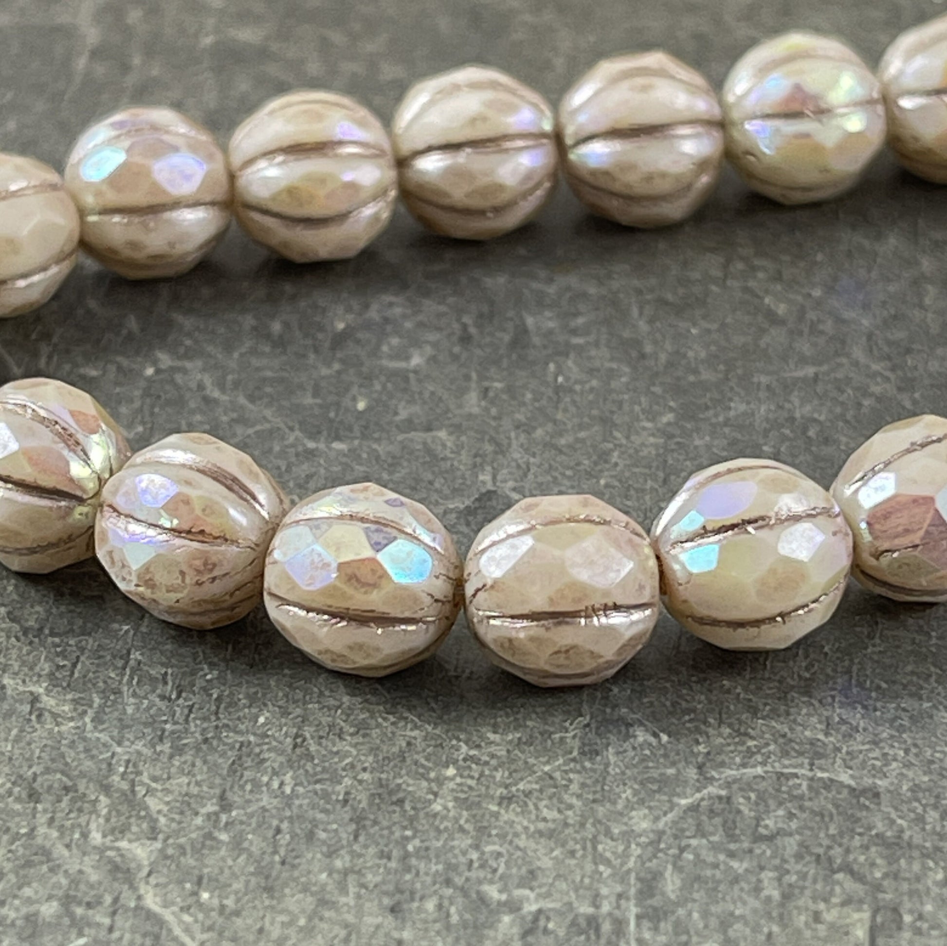 8mm Beige Faceted Melon Shape Bead with AB Finish ~ Czech Glass Beads ~ Beige with AB and Metallic Beige Wash (8FM/N-1779) * Qty. 10