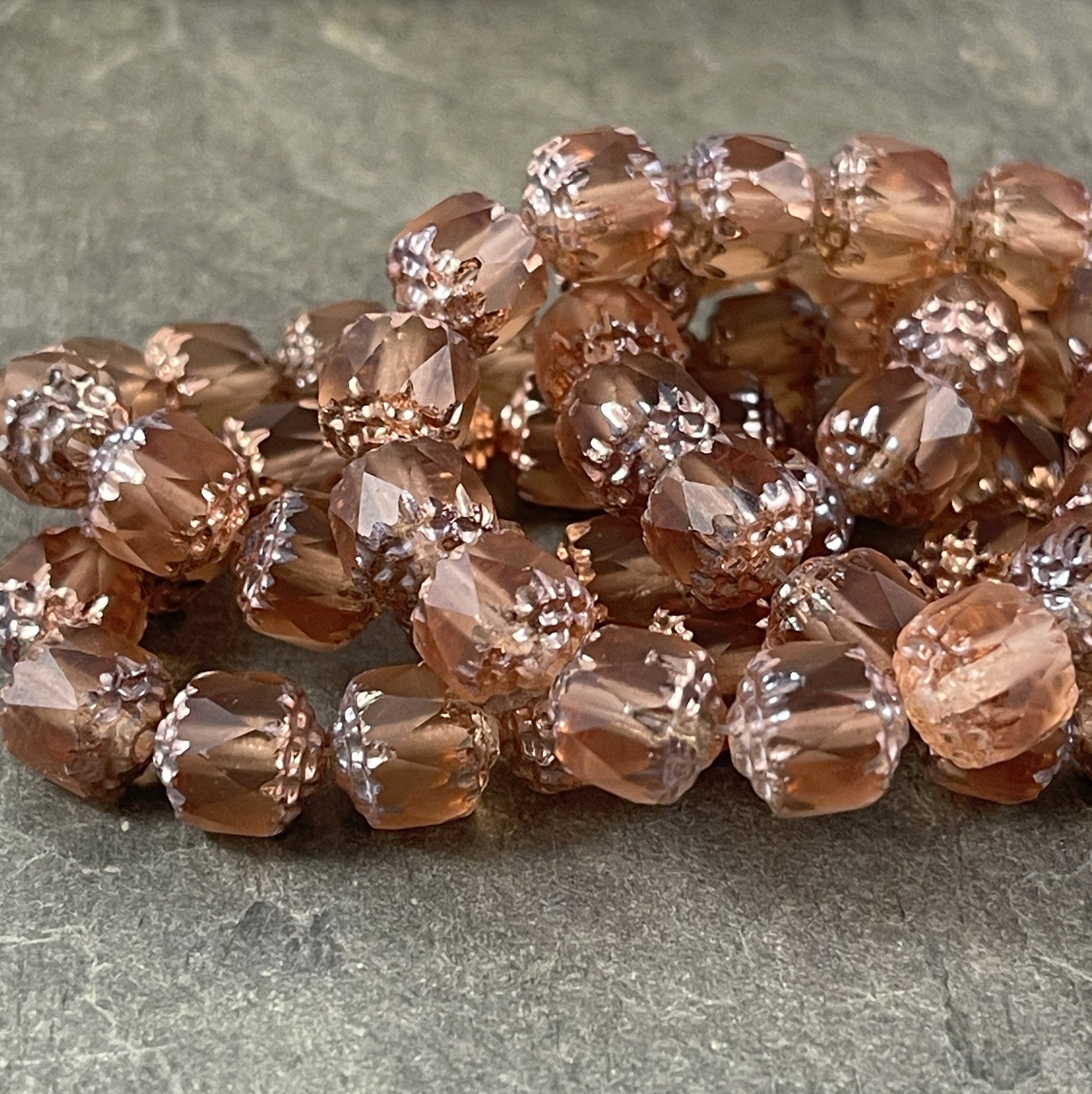 Matte Peach Faceted Glass Beads ~ 8mm Faceted Cathedral Shape Beads ~ Czech Glass Beads ~ Matte Peach with Copper (CT8/N-029) * Qty. 10