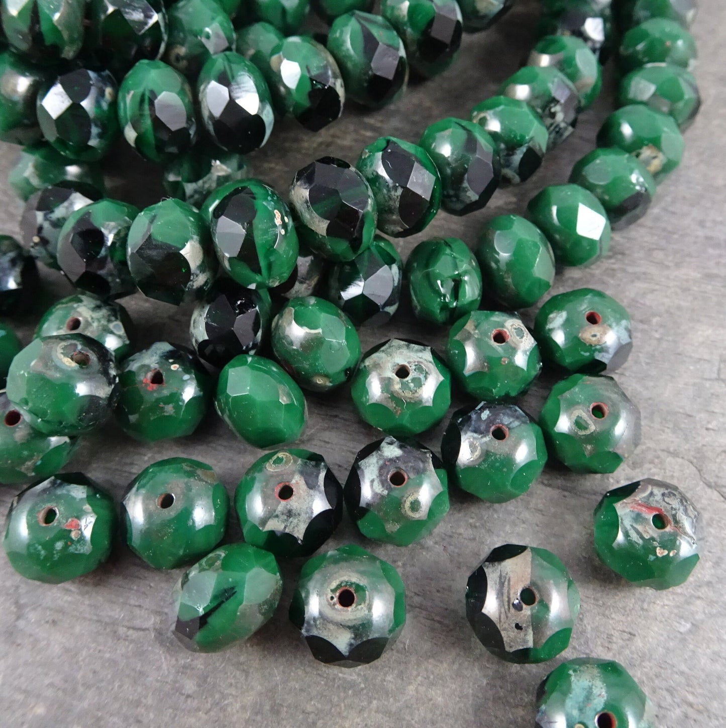 Two Tone Dark Green Rondelles 8x6mm Rondelle Czech Glass Beads - Opaque and Transparent Dark Green with Picasso (R8/N-1350) - Qty. 12