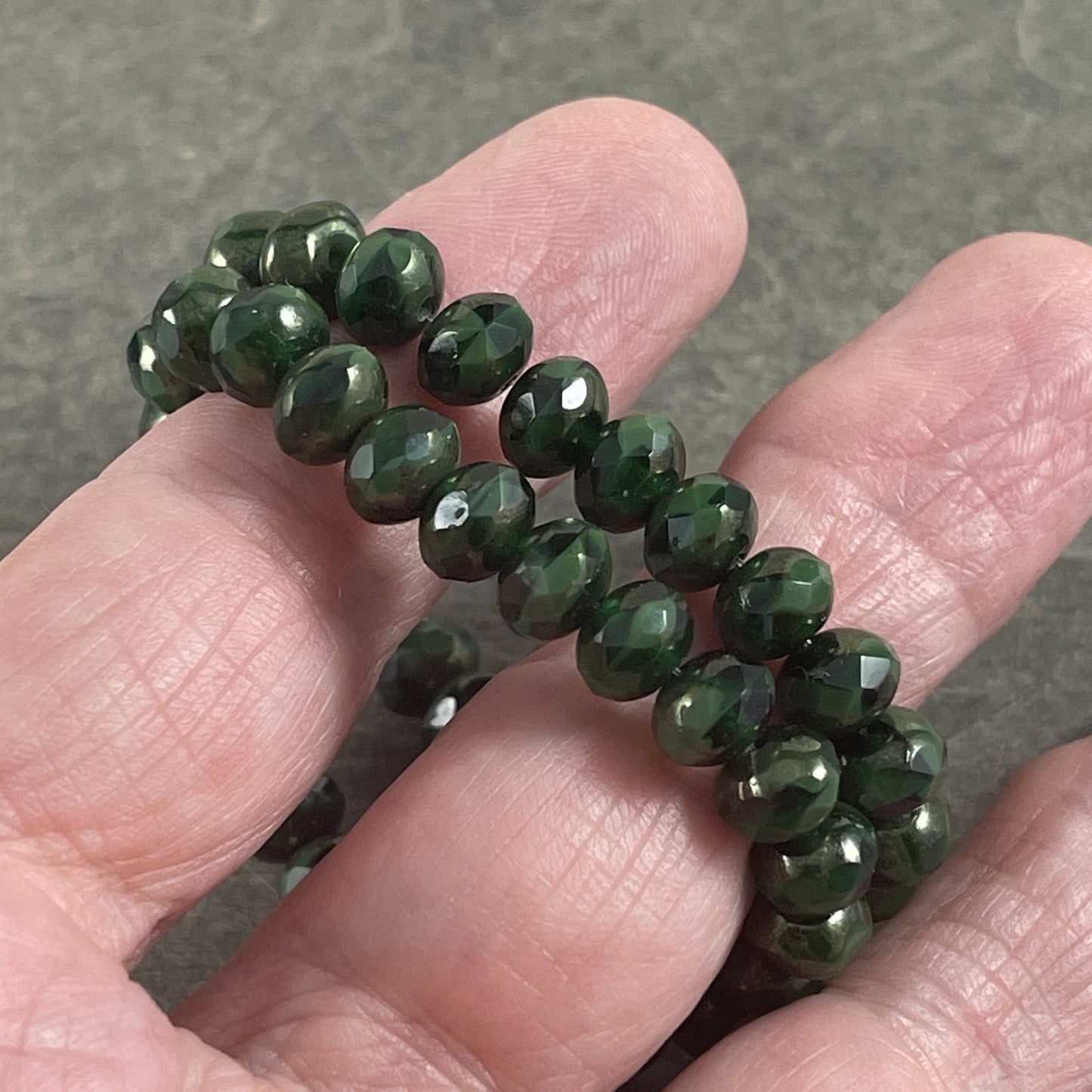 Opaque Emerald Green Picasso Beads 7x5mm Rondelle Czech Glass Beads Two tone Dark Green Beads (R7/N-1060) * Qty 25