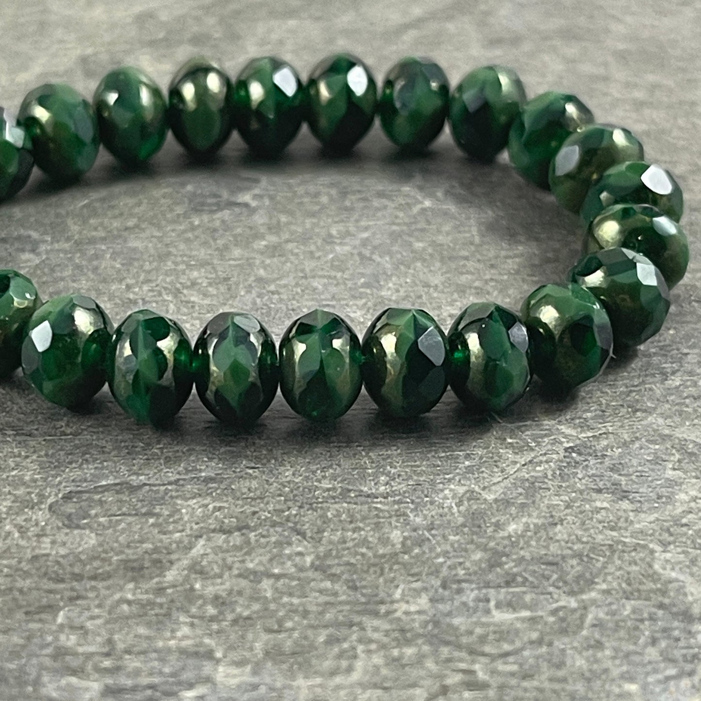 Opaque Emerald Green Picasso Beads 7x5mm Rondelle Czech Glass Beads Two tone Dark Green Beads (R7/N-1060) * Qty 25