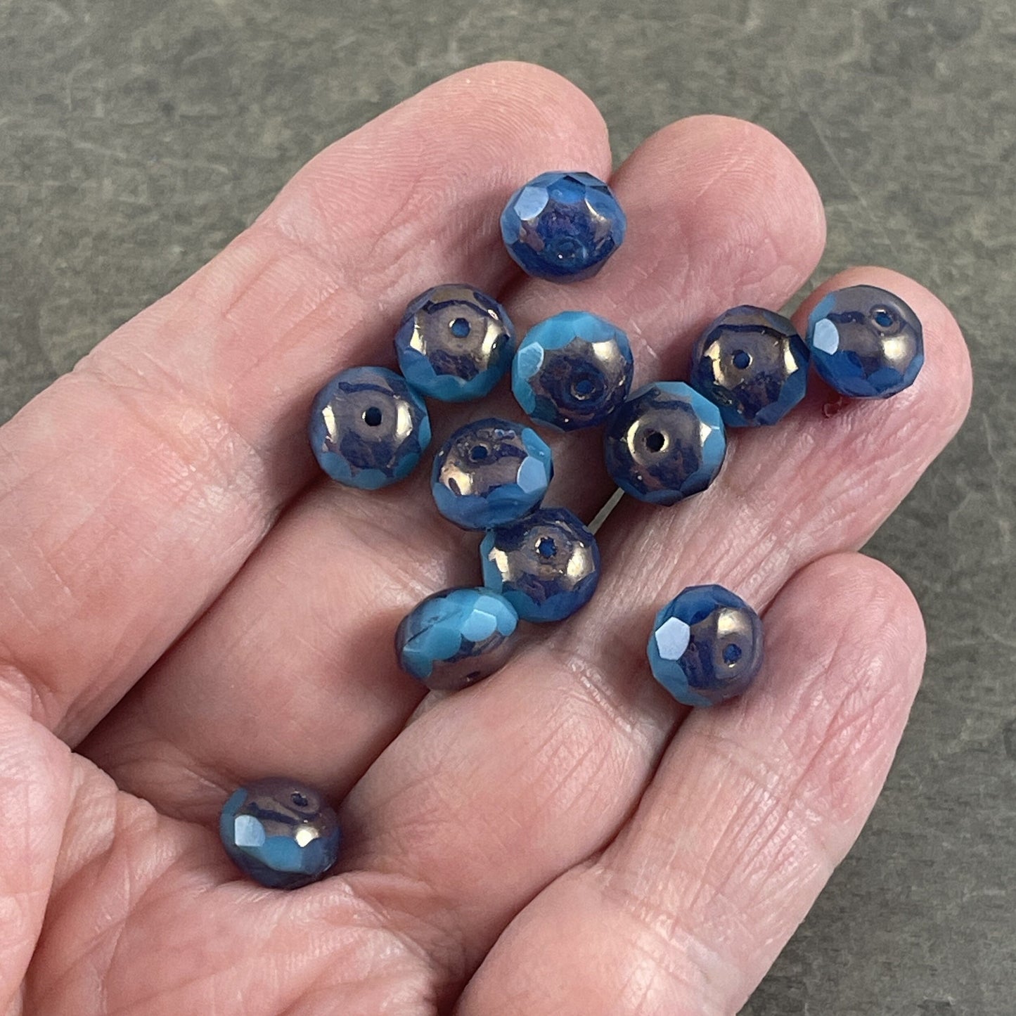 8x6mm Cerulean and Capri Blue Faceted Czech Glass Rondelles with Bronze Picasso ~ Two-tone Blue Glass Beads (R8/RJ-2712) * Qty. 25