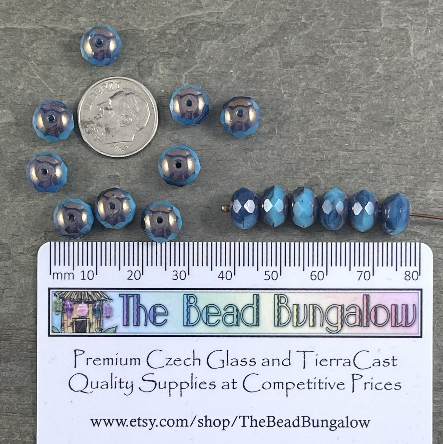 8x6mm Cerulean and Capri Blue Faceted Czech Glass Rondelles with Bronze Picasso ~ Two-tone Blue Glass Beads (R8/RJ-2712) * Qty. 25