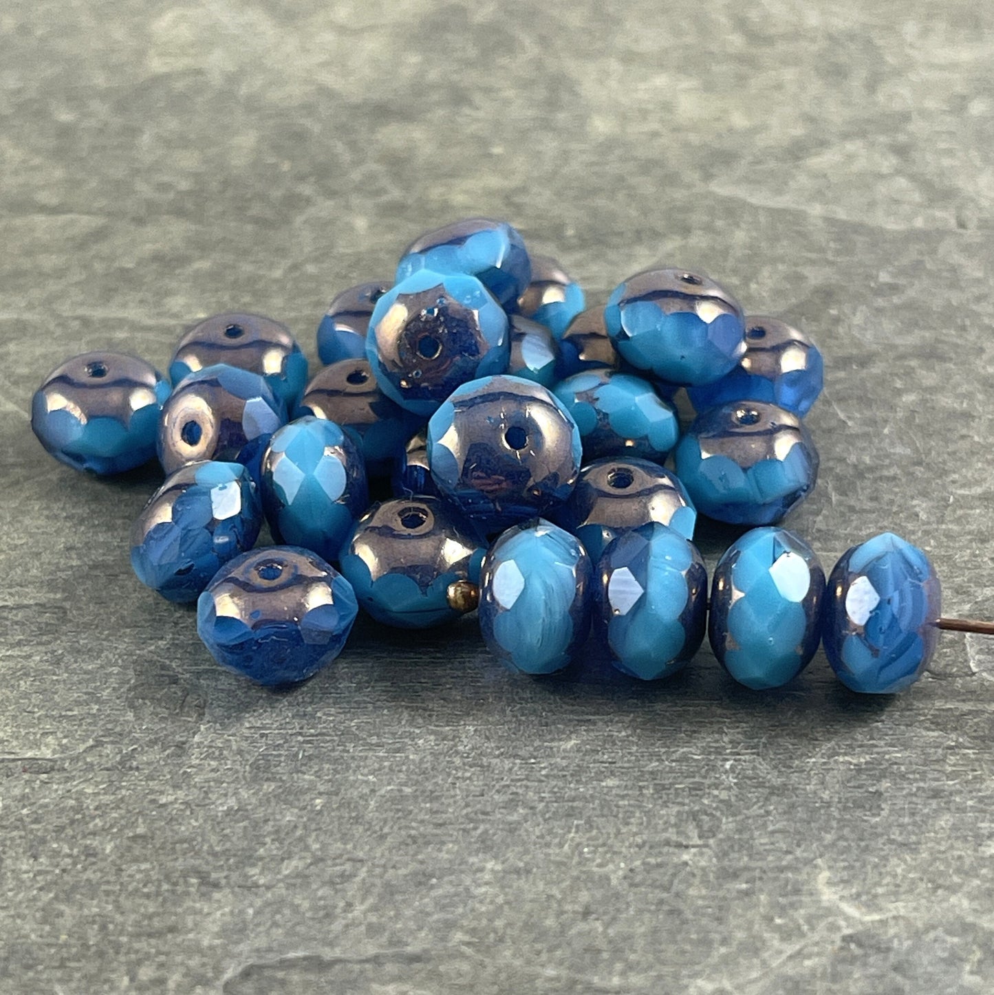 8x6mm Cerulean and Capri Blue Faceted Czech Glass Rondelles with Bronze Picasso ~ Two-tone Blue Glass Beads (R8/RJ-2712) * Qty. 25