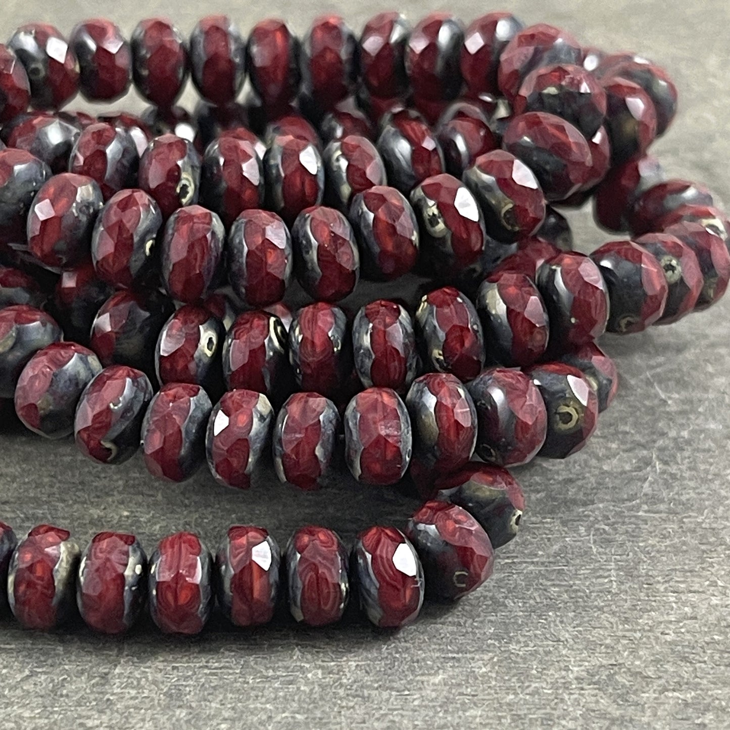 Opaque Dark Red Picasso Rondelle 7x5mm Rondelle Red Opaline Czech Glass Beads with Travertine Picasso (R7/RJ-2759) * Qty. 25