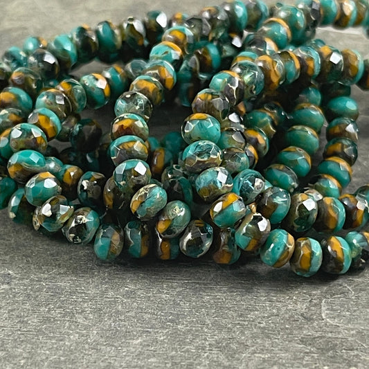 Turquoise Green Orange and Aqua Czech Glass Beads 5x3mm Rondelle Multi-Color Picasso Faceted Rondelles (R5/RJ-2698) * Qty. 30