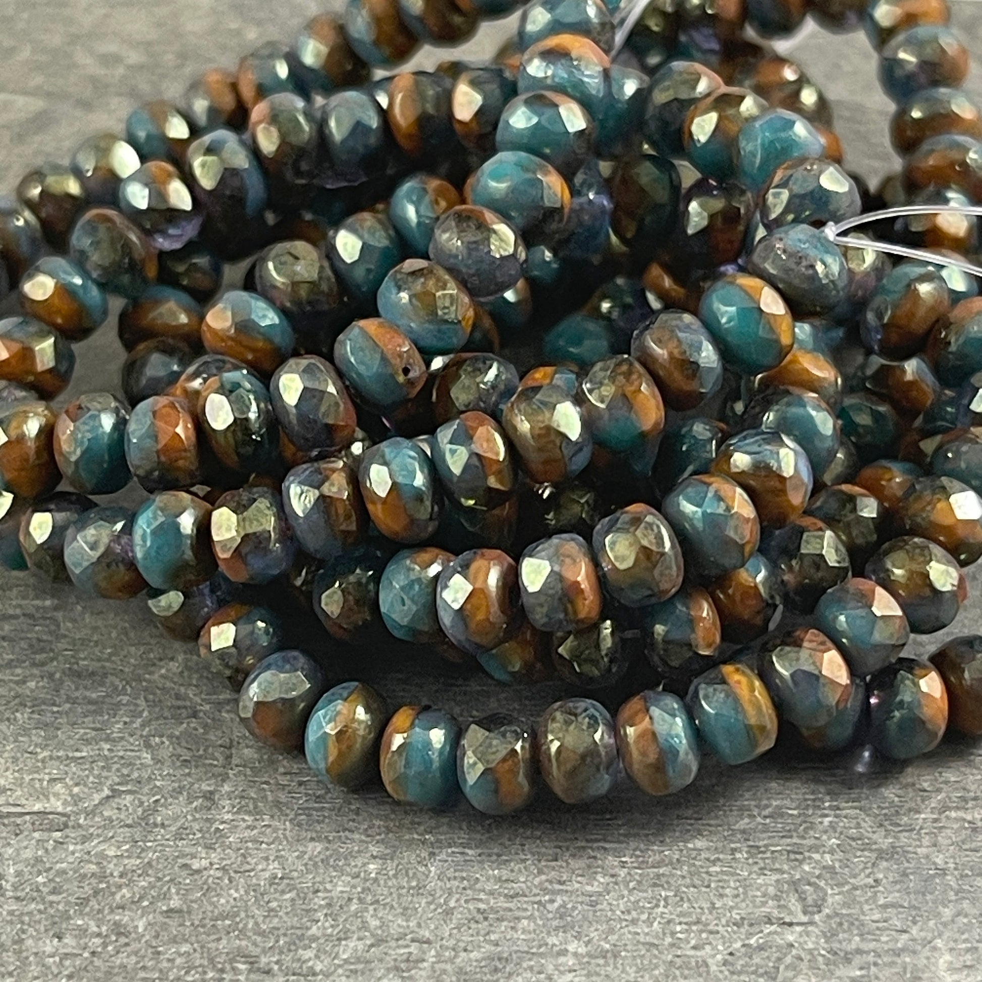 Opaque Teal and Mustard Orange with Golden Finish Czech Glass Beads 5x3mm Rondelle Rustic Faceted Rondelles (R5/RJ-2695) * Qty. 30