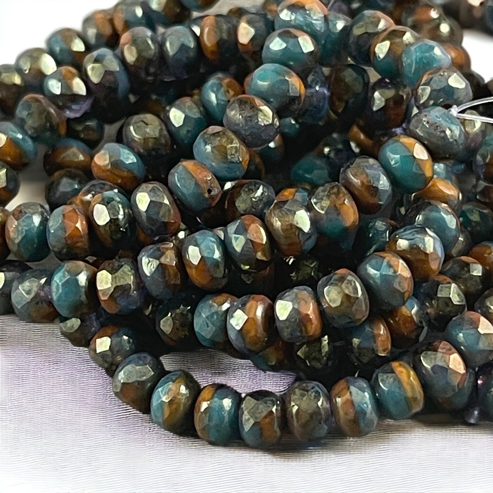Opaque Teal and Mustard Orange with Golden Finish Czech Glass Beads 5x3mm Rondelle Rustic Faceted Rondelles (R5/RJ-2695) * Qty. 30