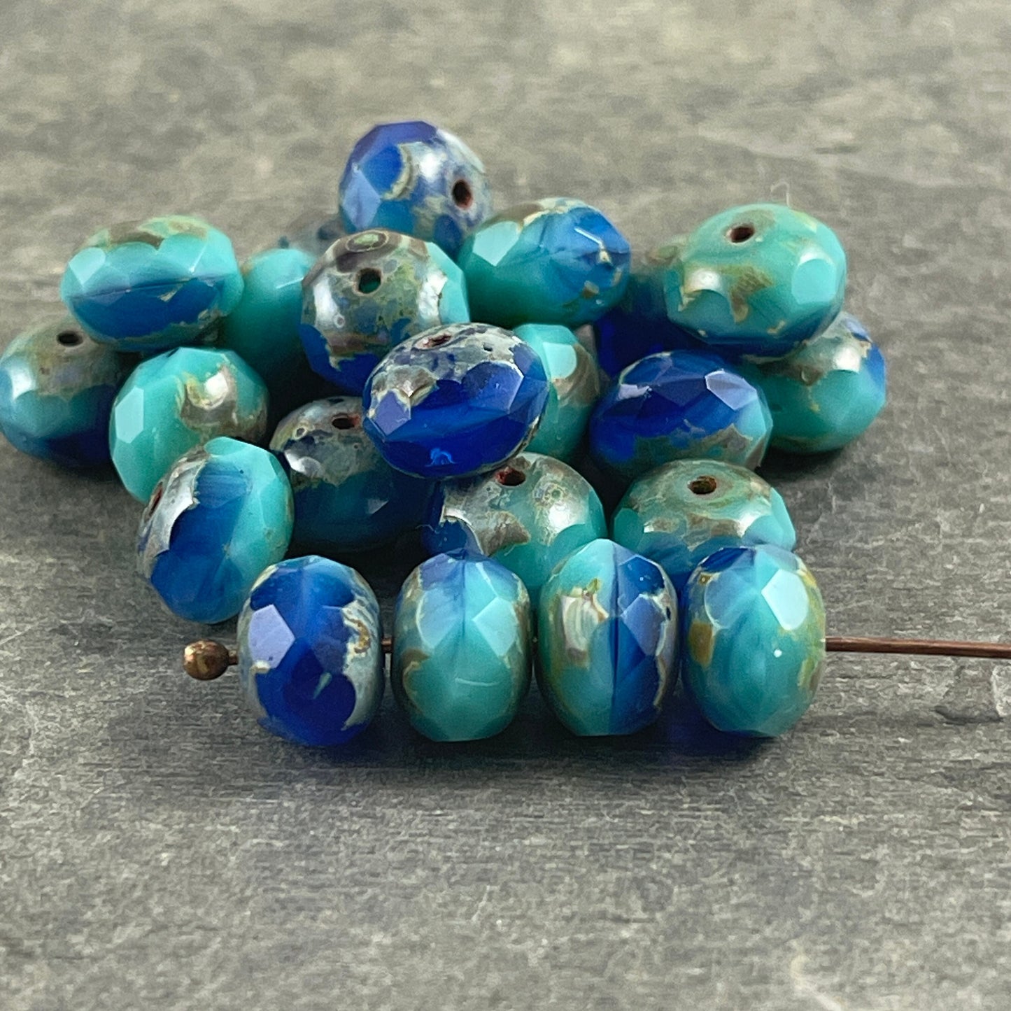 Cobalt and Turquoise Blue Rondelles ~ Two-tone Blue Picasso Czech Beads ~ 8x6mm Rondelle ~ Czech Glass Beads (R8/RJ-2745) *