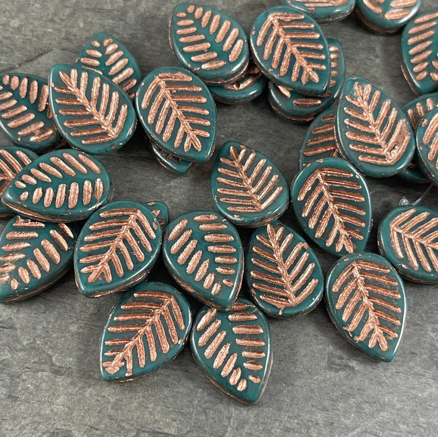 16x12mm Teal Briolette Dogwood Leaf Beads ~ Czech Glass Beads ~ Opaque Teal with Copper Wash (L/N-1433) * Qty. 8