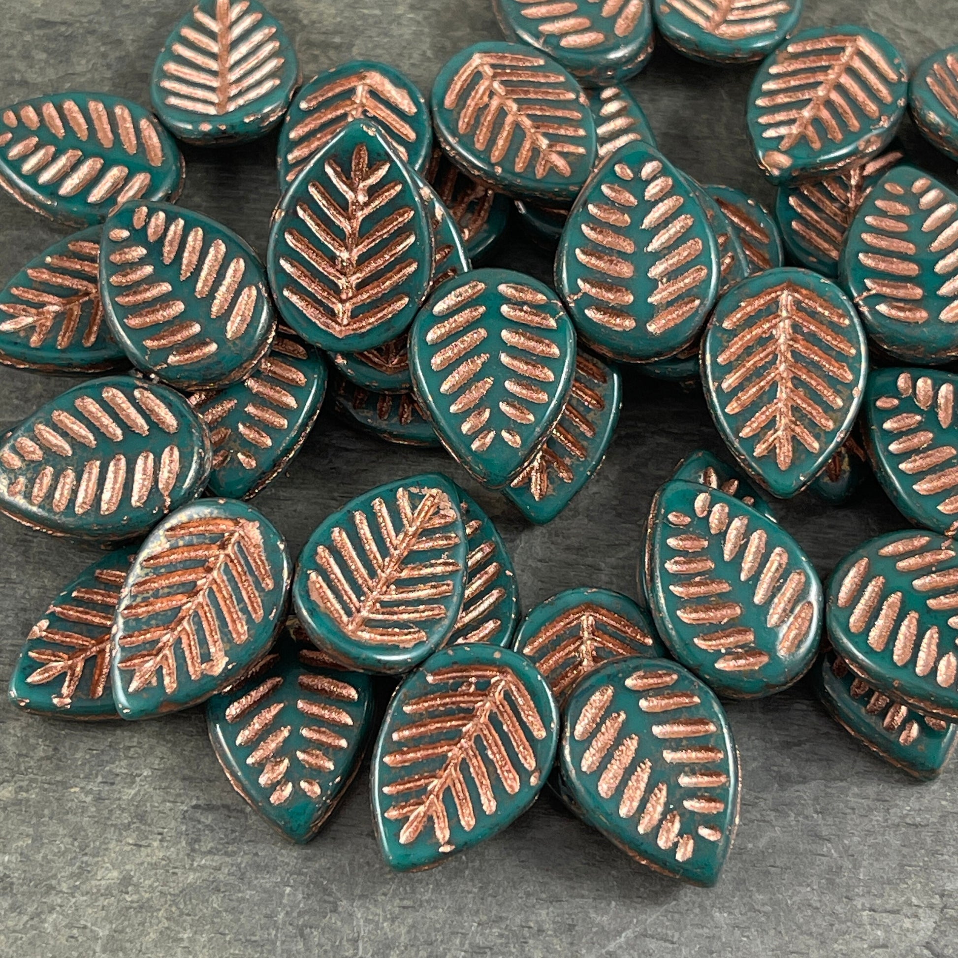 16x12mm Teal Briolette Dogwood Leaf Beads ~ Czech Glass Beads ~ Opaque Teal with Copper Wash (L/N-1433) * Qty. 8