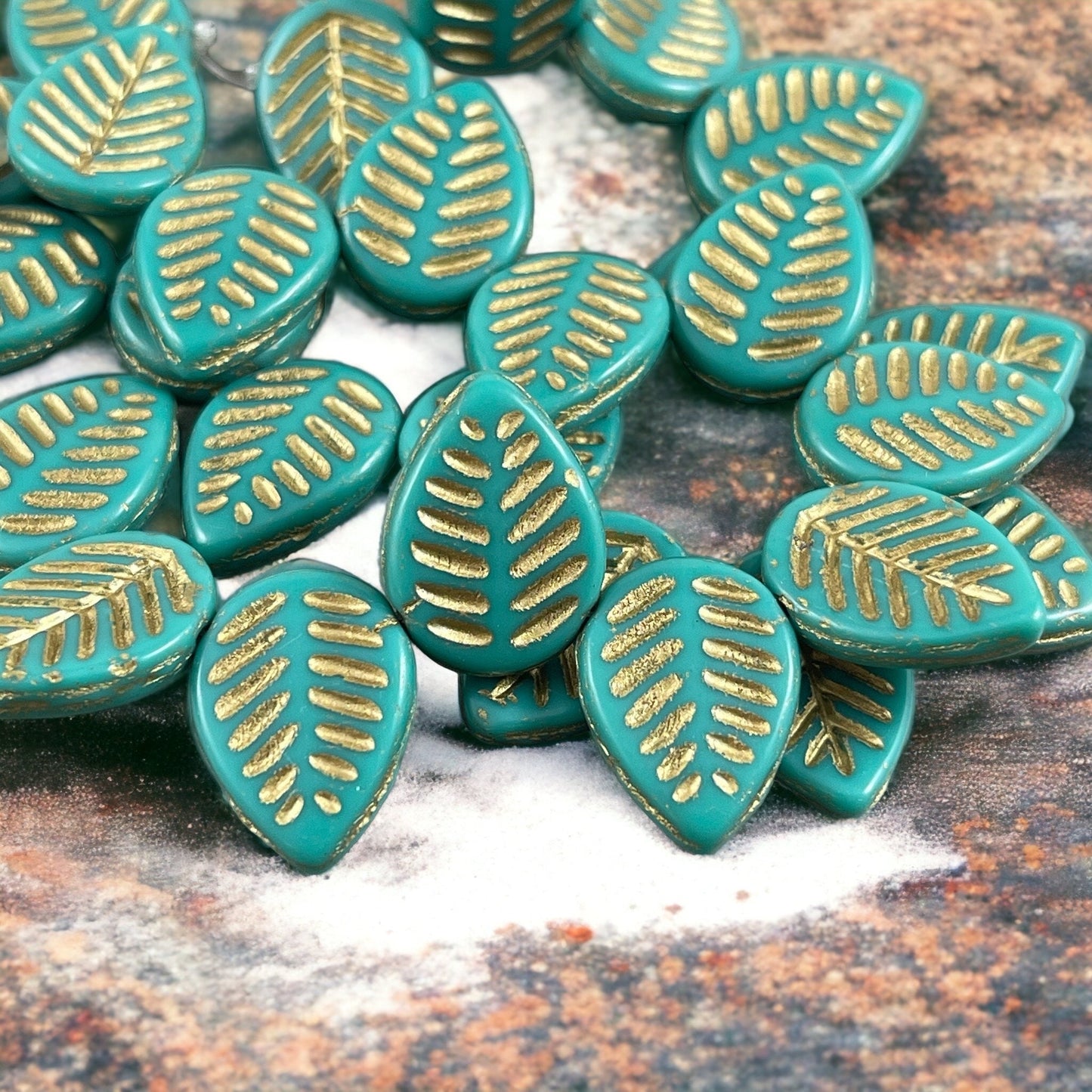 Briolette Dogwood Leaf Beads 16x12mm Turquoise Leaf Beads Czech Glass Beads Opaque Turquoise with Gold Wash (L/N-1022) * Qty. 8