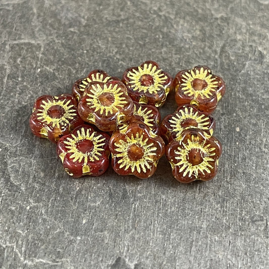 Transparent Reddish Orange Czech Glass Flower Beads 10mm Apple Blossom Flower Bead Czech Glass Beads (AB4) * Qty. 10