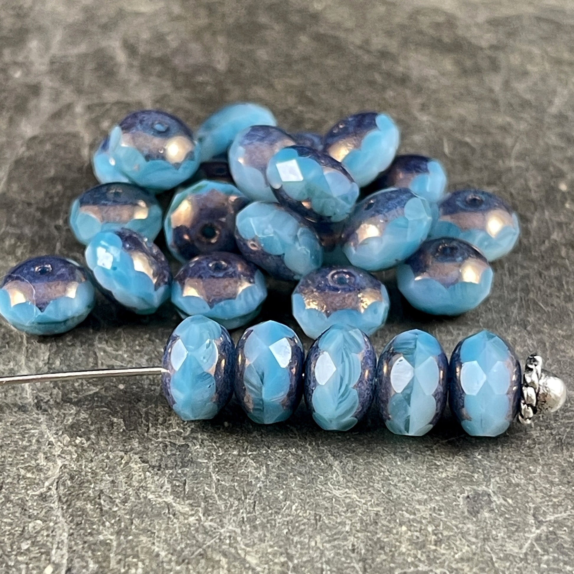 Light Blue Czech Glass Faceted Rondelles ~ 8x6mm Larimar Blue Rondelle ~ Czech Glass Beads with Metallic Picasso (R8/RJ-2710) *