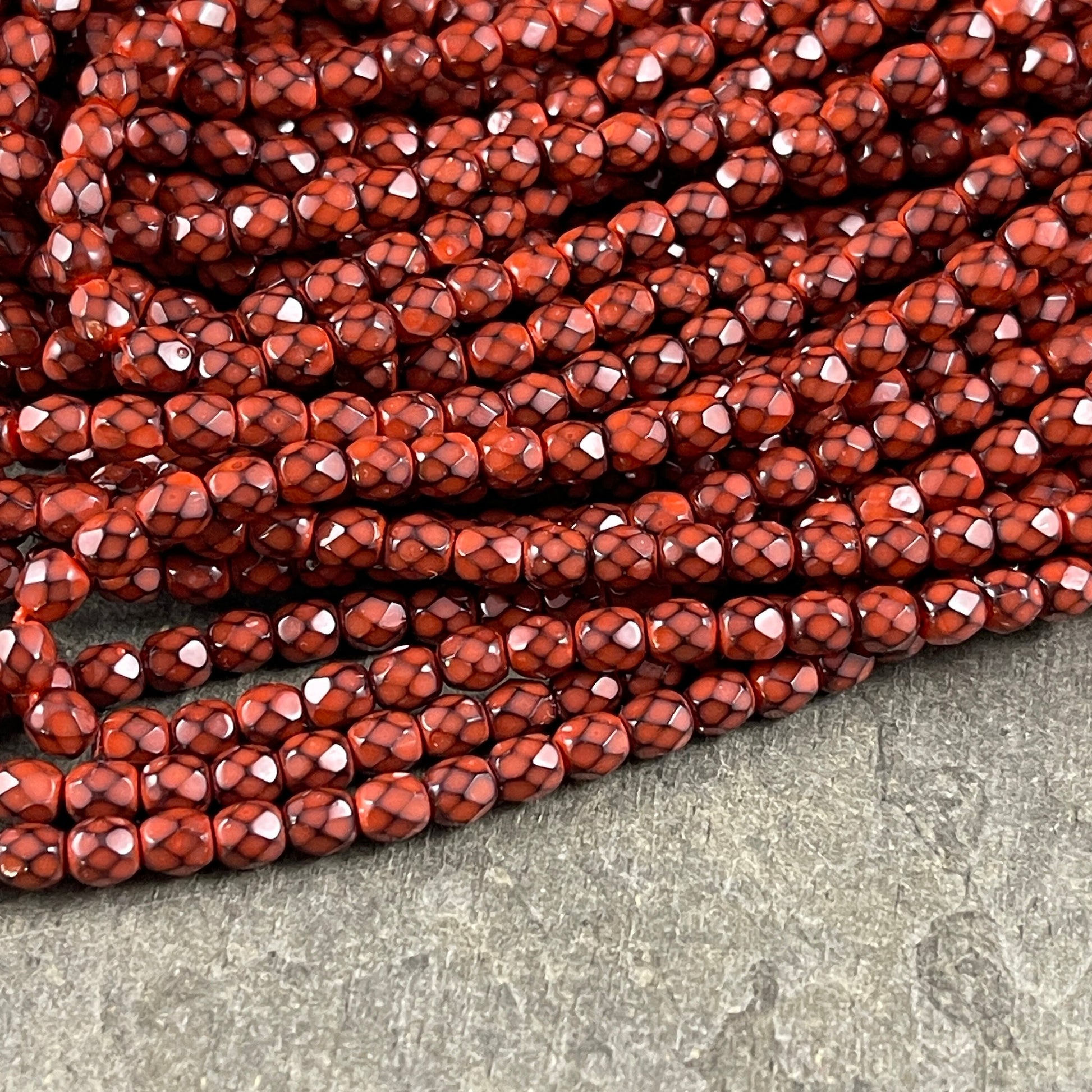 4mm Orange and Black Czech Glass Faceted Round Beads ~ Dark Orange and Black Snake Skin Pattern (FP4/RJ-1648) * Qty. 50