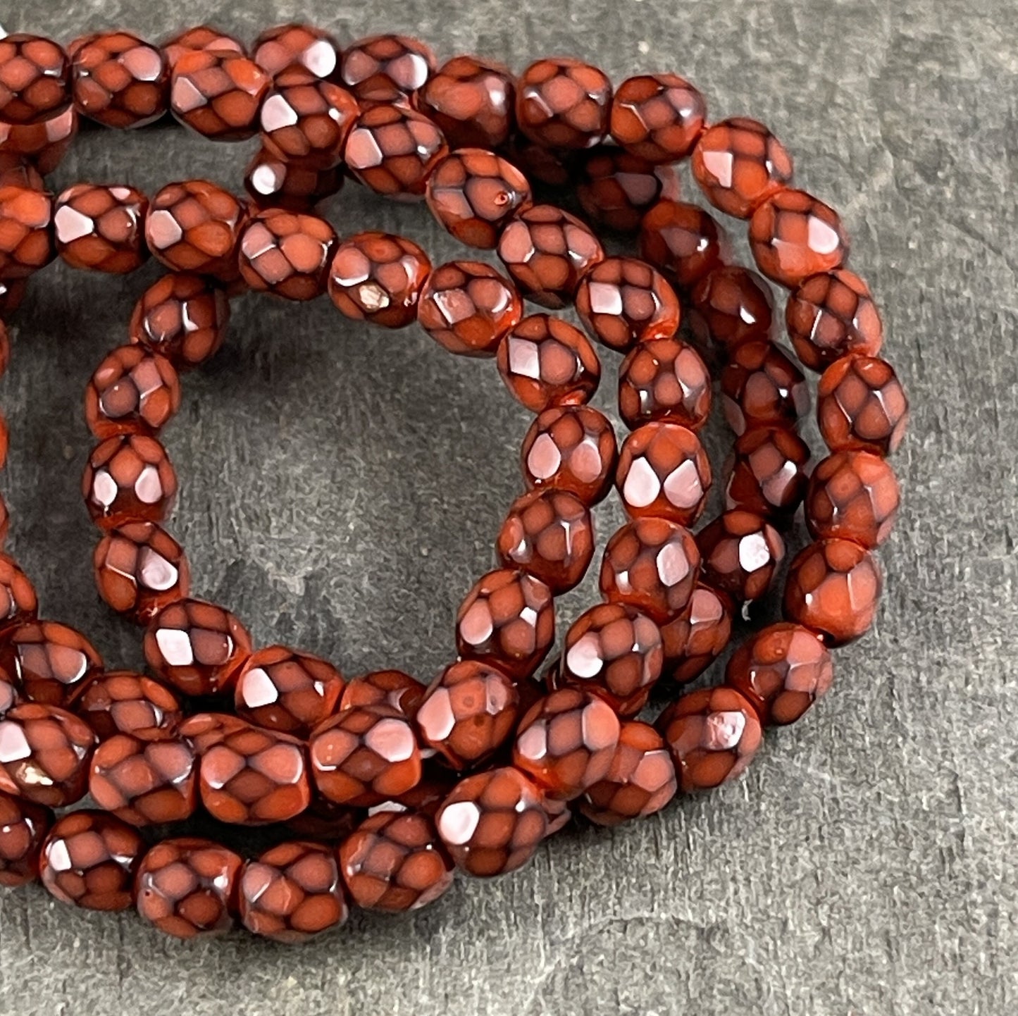 4mm Orange and Black Czech Glass Faceted Round Beads ~ Dark Orange and Black Snake Skin Pattern (FP4/RJ-1648) * Qty. 50