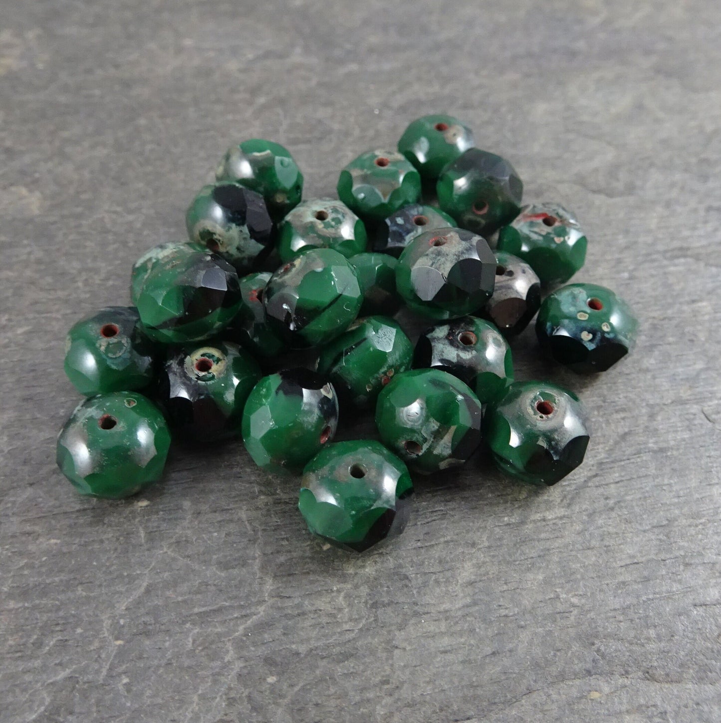 Two Tone Dark Green Rondelles 8x6mm Rondelle Czech Glass Beads - Opaque and Transparent Dark Green with Picasso (R8/N-1350) - Qty. 12