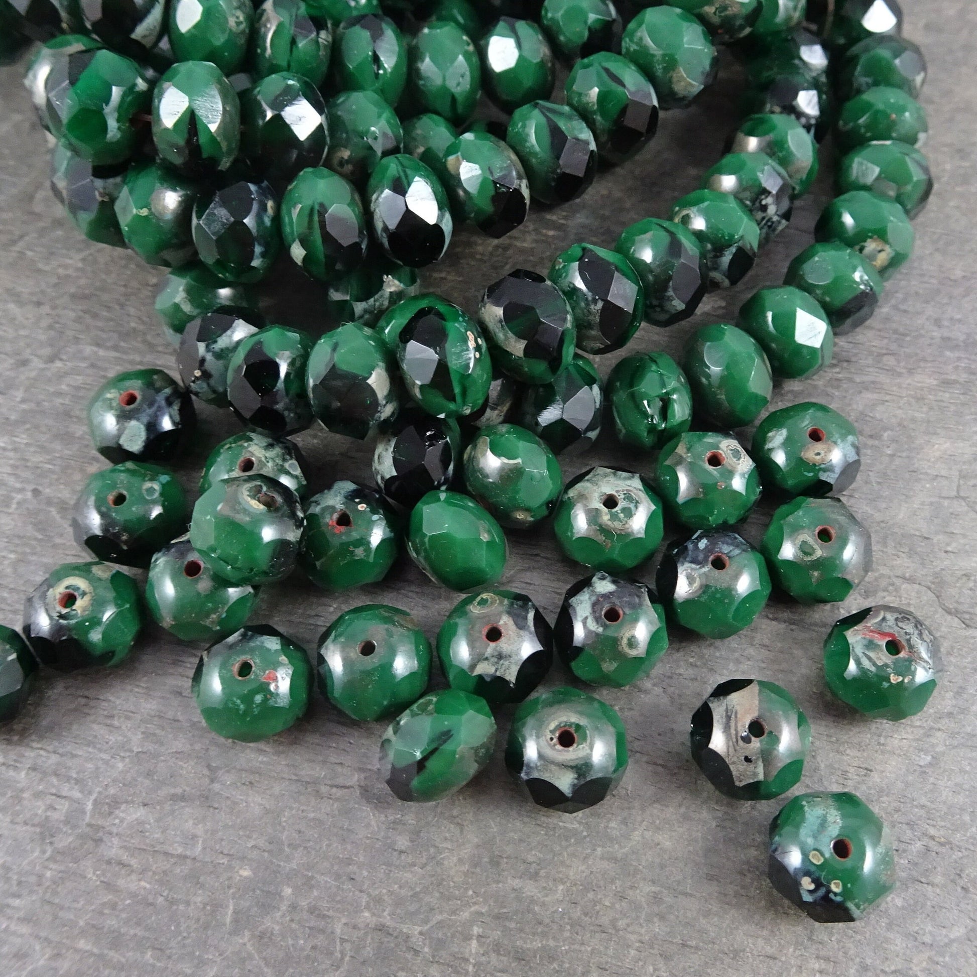 Two Tone Dark Green Rondelles 8x6mm Rondelle Czech Glass Beads - Opaque and Transparent Dark Green with Picasso (R8/N-1350) - Qty. 12