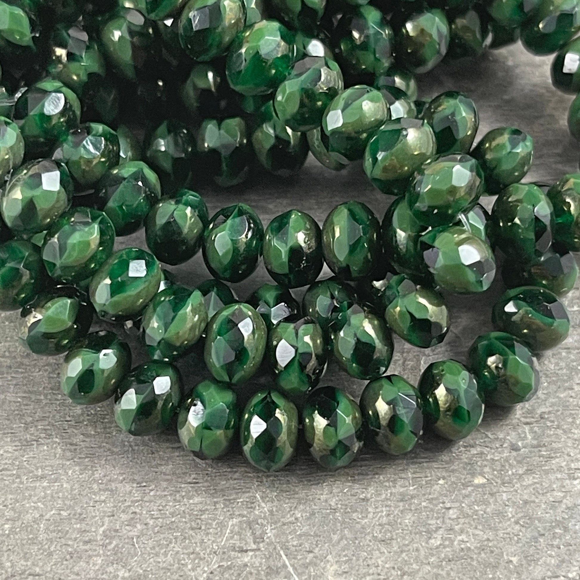 Opaque Emerald Green Picasso Beads 7x5mm Rondelle Czech Glass Beads Two tone Dark Green Beads (R7/N-1060) * Qty 25