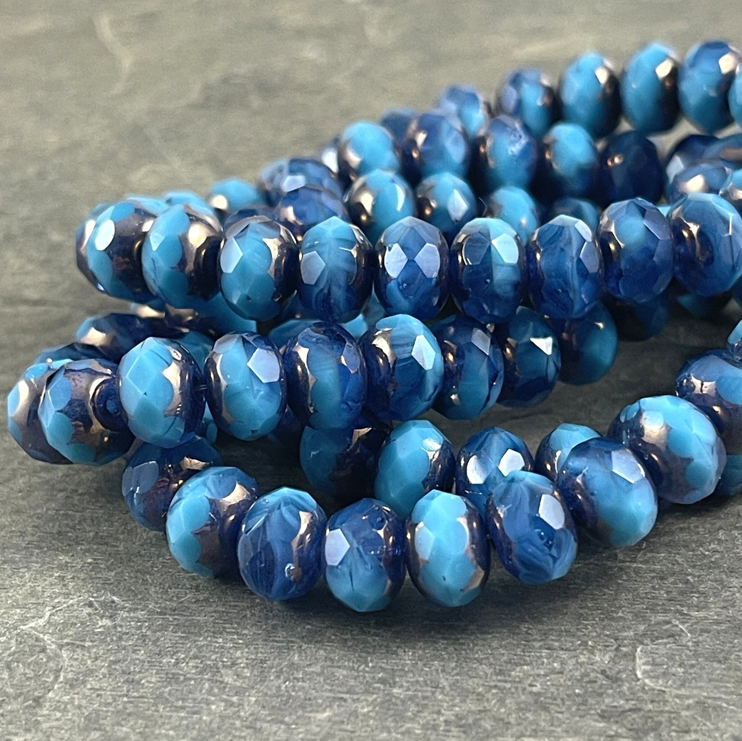 8x6mm Cerulean and Capri Blue Faceted Czech Glass Rondelles with Bronze Picasso ~ Two-tone Blue Glass Beads (R8/RJ-2712) * Qty. 25