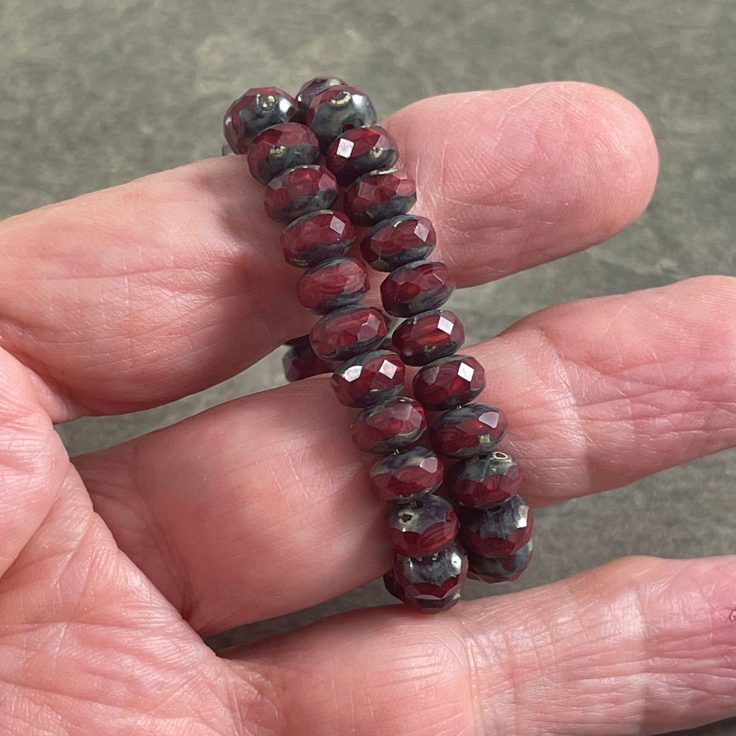 Opaque Dark Red Picasso Rondelle 7x5mm Rondelle Red Opaline Czech Glass Beads with Travertine Picasso (R7/RJ-2759) * Qty. 25