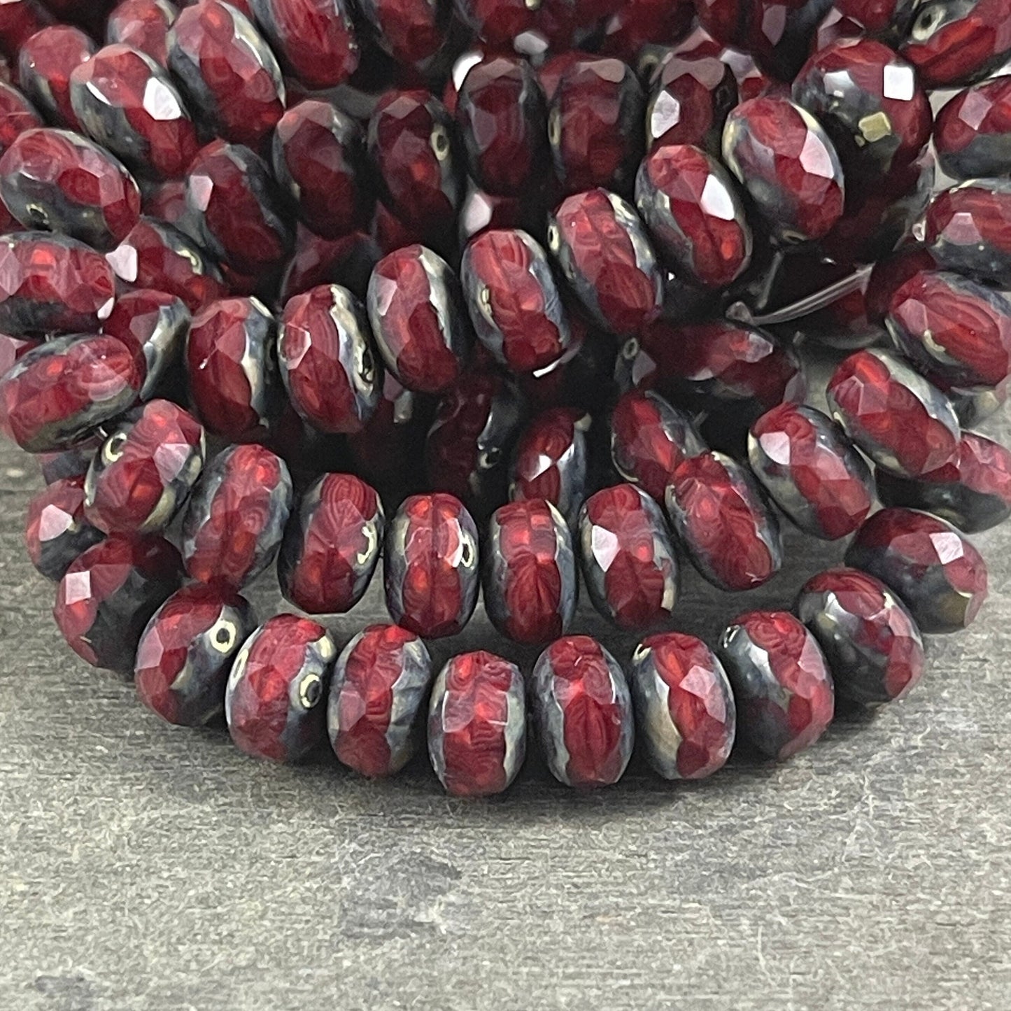 Opaque Dark Red Picasso Rondelle 7x5mm Rondelle Red Opaline Czech Glass Beads with Travertine Picasso (R7/RJ-2759) * Qty. 25