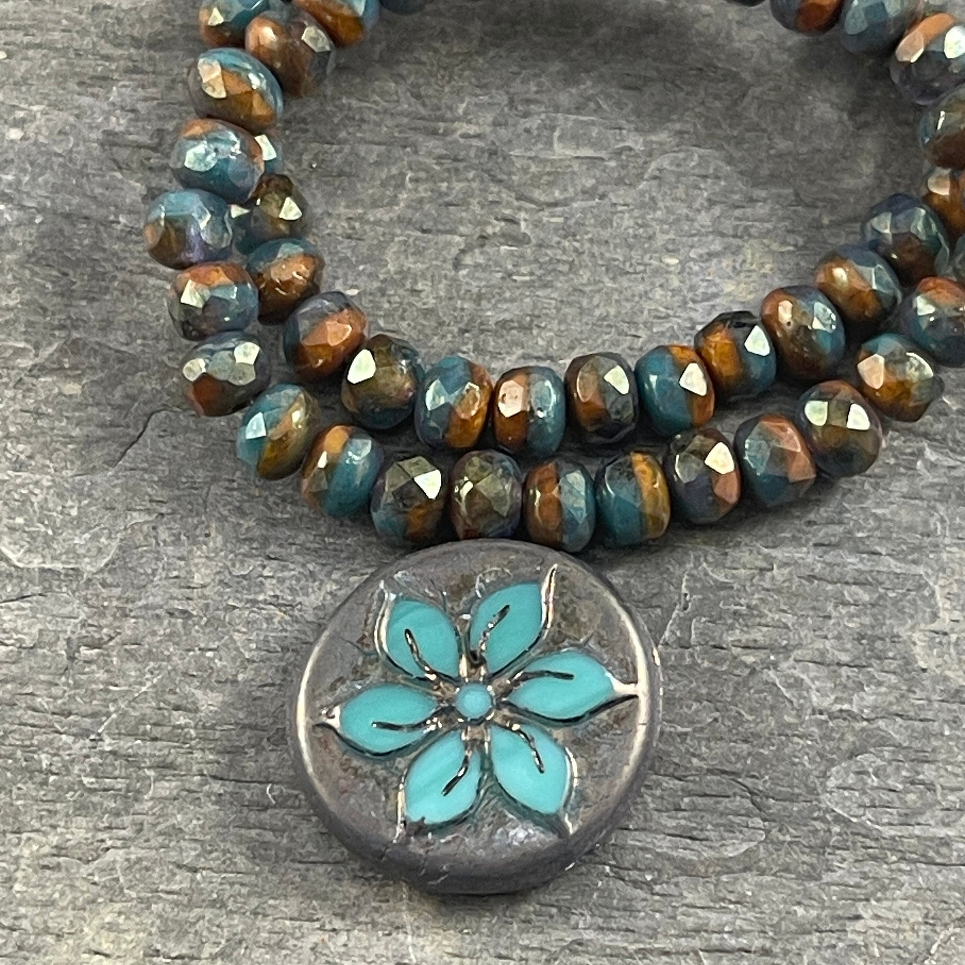 Opaque Teal and Mustard Orange with Golden Finish Czech Glass Beads 5x3mm Rondelle Rustic Faceted Rondelles (R5/RJ-2695) * Qty. 30