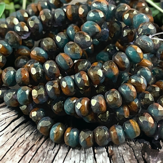Opaque Teal and Mustard Orange with Golden Finish Czech Glass Beads 5x3mm Rondelle Rustic Faceted Rondelles (R5/RJ-2695) * Qty. 30