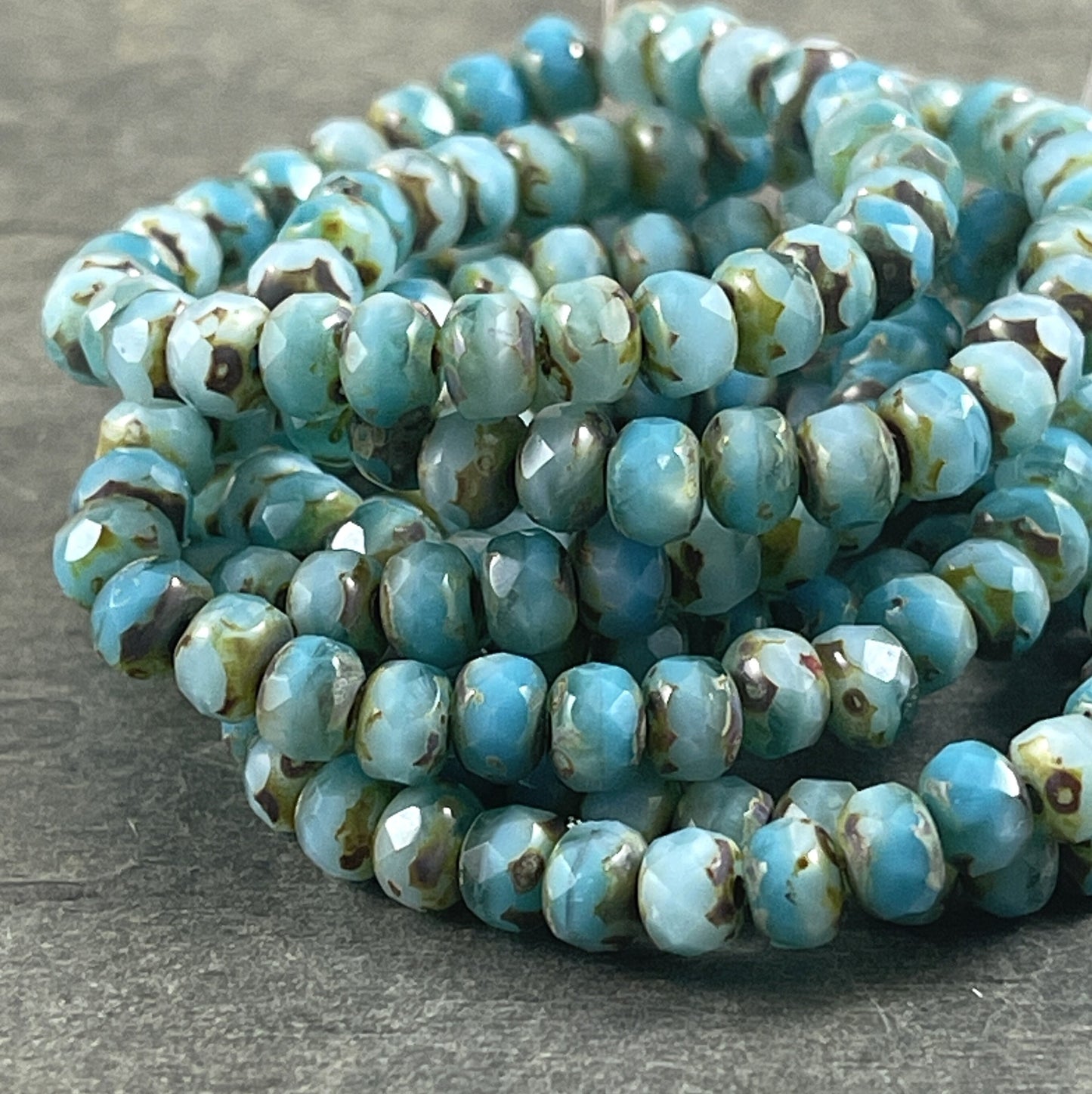 5x3mm Larimar Blue Czech Glass Faceted Rondelle Beads ~ Light Blue and Aqua Silk Picasso (R5/RJ-2702) * Qty 30