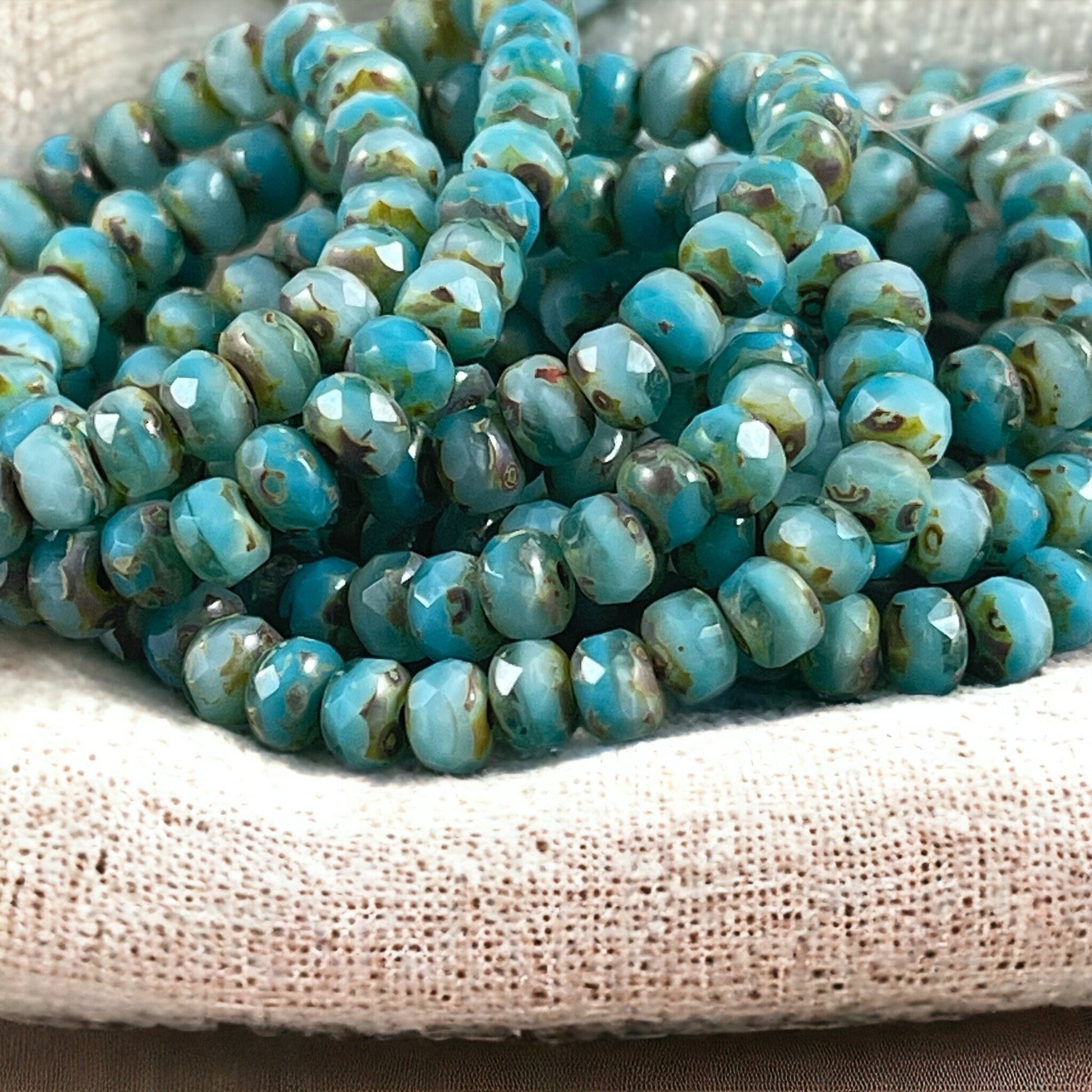 5x3mm Larimar Blue Czech Glass Faceted Rondelle Beads ~ Light Blue and Aqua Silk Picasso (R5/RJ-2702) * Qty 30