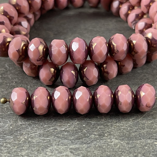 Dusty Rose Pink Rondelles Czech Beads 8x6mm Rondelle Czech Glass Beads Dusty Pink with Bronze Picasso Beads (R8/N-1184) *