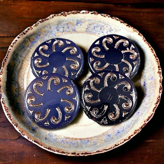 Dark Purple Sun Wheel Coin ~ 23mm Czech Glass Beads ~ Purple Opaline with Platinum Wash (C23/RJ-4783) *