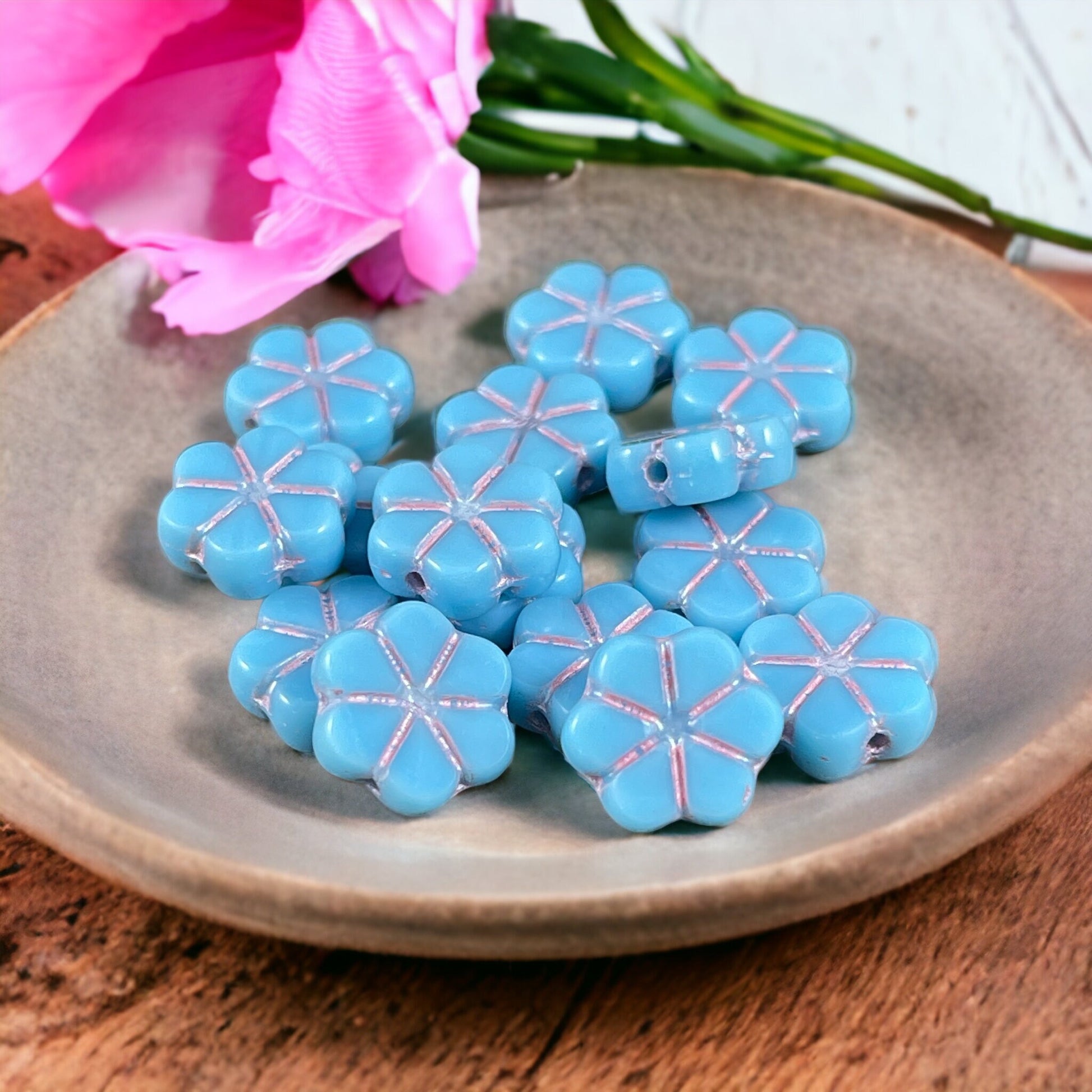 Czech Flower Beads 10mm Opaque Light Blue Flower Sky Blue with Pink Wash Czech Glass Beads (TCFMN-27) * Qty. 8